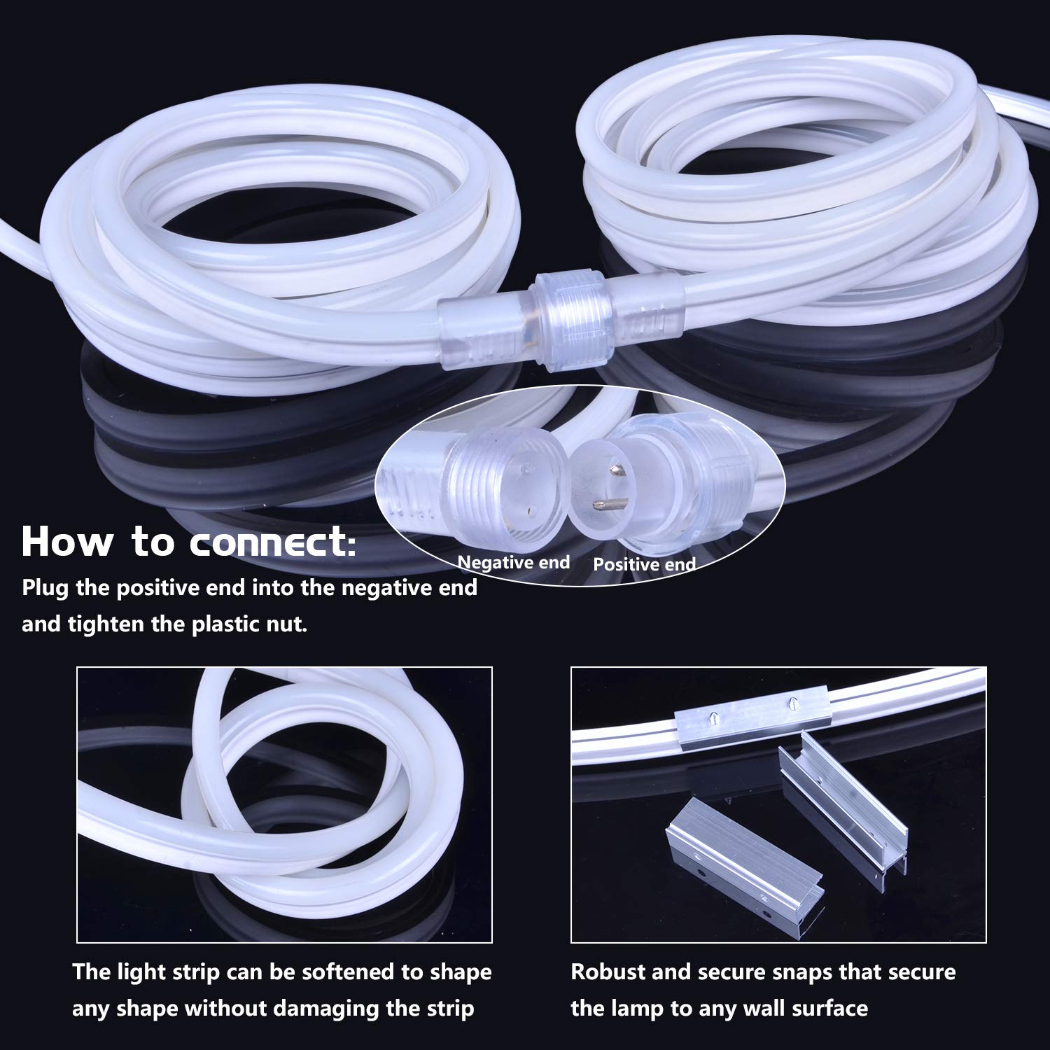 50ft LED Neon Rope Lights - 6000K Bright White Waterproof Outdoor Lighting with UL Power Plug (110V) - 1800 SMD2835 LEDs Connectable Flexible Light Strip for Bedroom, Patio, Deck, Kitchen, Party & Holiday Decorations