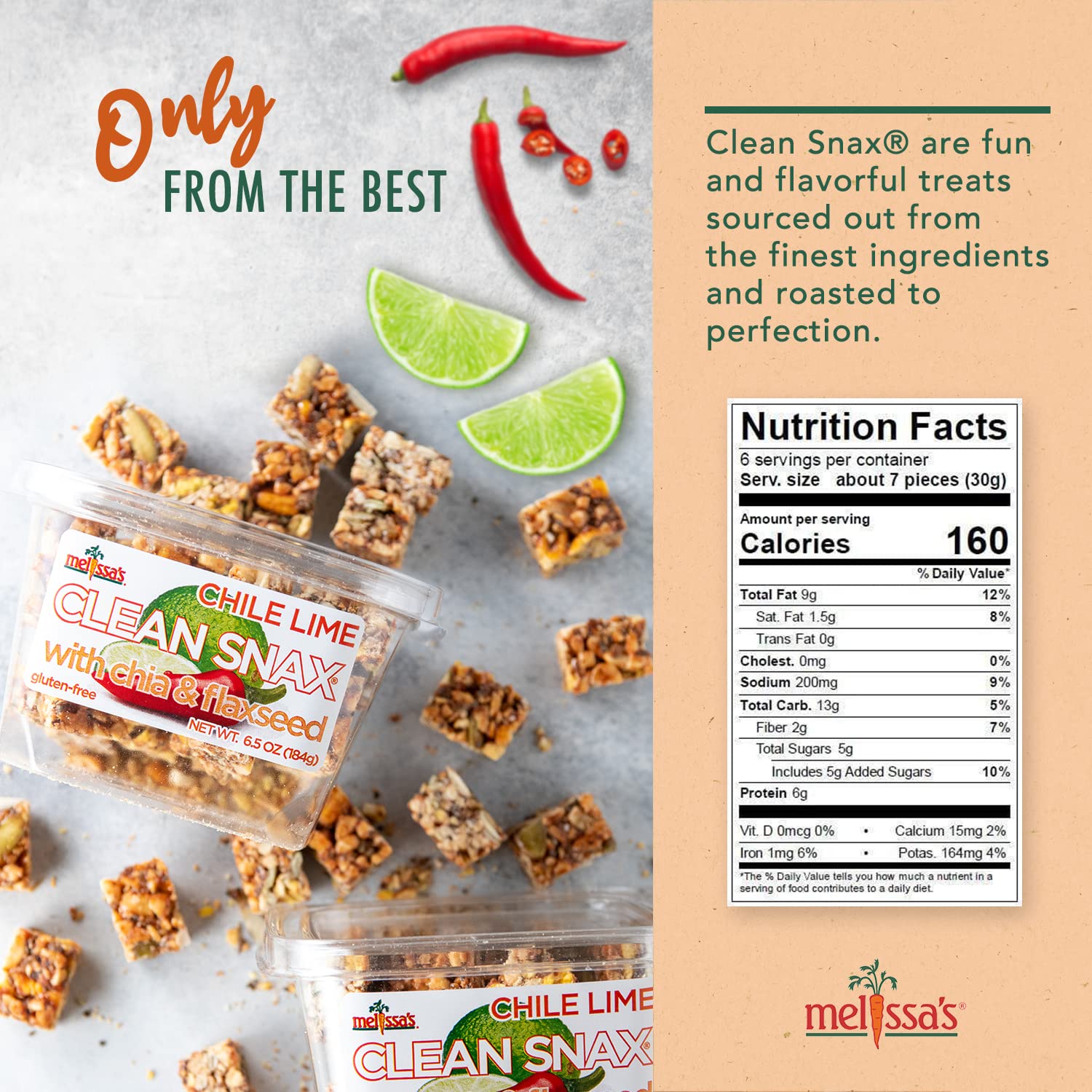 Melissa's Clean Snax® Gluten-Free Healthy Snacks with Chia & Flaxseed - All Natural, No Artificial Flavors, Low Sodium Crispy Snacks - Chile Lime Flavor (5 Pack) | Perfect for On-the-Go, Office Snacking & Healthy Lifestyle