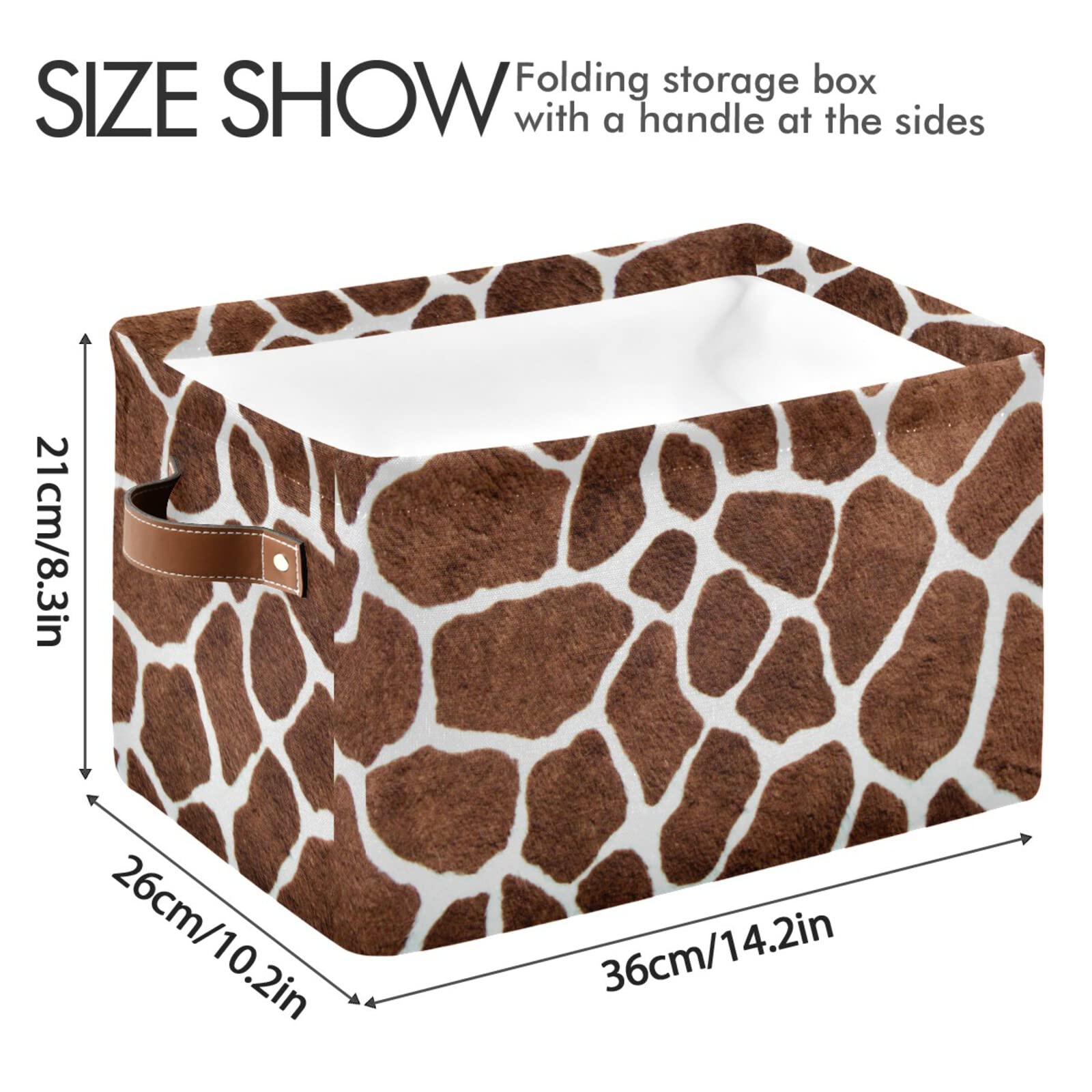 Collapsible Rectangular Storage Basket with Leather Handles - Giraffe Print Fabric Organizer Bin for Home, School & Office | Perfect for Toys, Books, Blankets & Clutter Organization