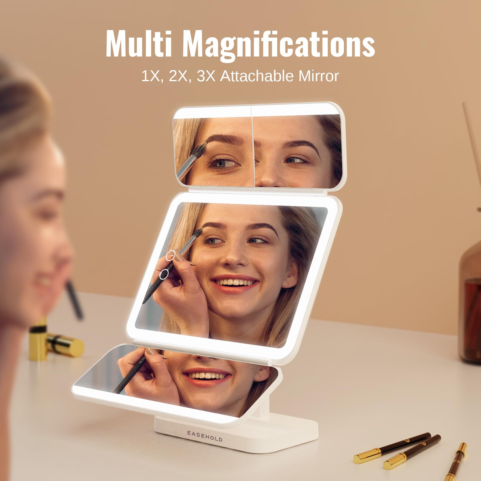 EASEHOLD Rechargeable LED Makeup Mirror with 116 Lights, 3X Magnification & 3-Color Modes, 5000mAh Battery, Adjustable Brightness & Angle - Perfect for Vanity, Travel & Professional Makeup Application