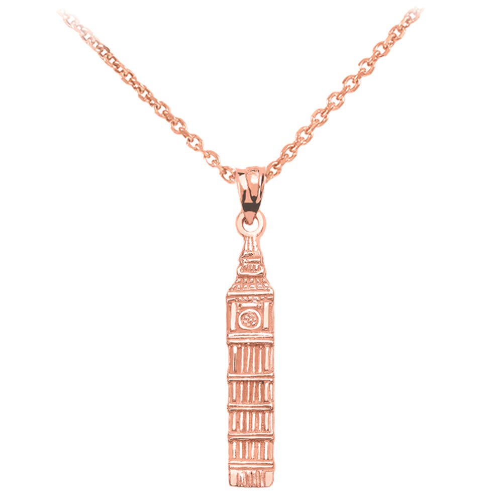 10k Rose Gold Big Ben Clock Tower Pendant Necklace - London Souvenir Jewelry Gift for Women, Perfect for Travel Lovers & Anglophiles