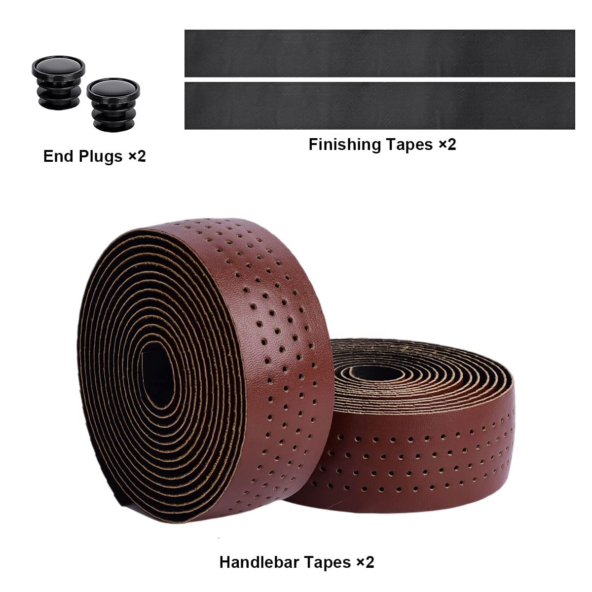 Premium PU Leather Bike Handlebar Tape - Non-Slip Road Bicycle Bar Wraps with End Plugs (Brown, 2 Rolls) | Comfortable Grip for Long Distance Cycling & Commuting