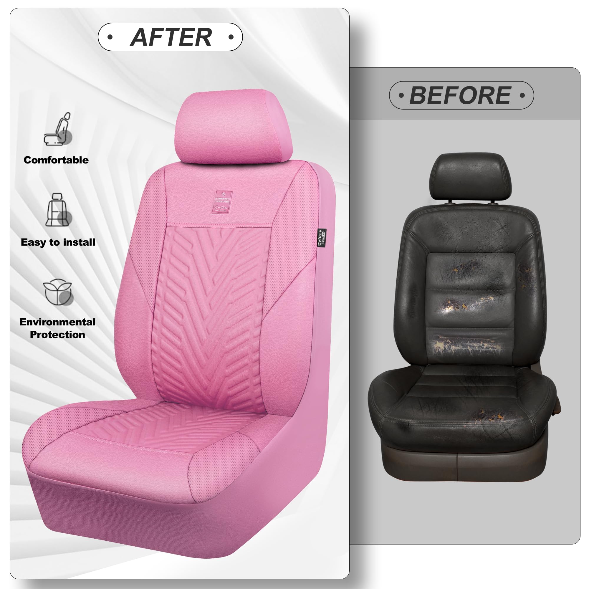Premium CAR PASS Deluxe Faux Leather Car Seat Covers - 2 Front Seats Only, 3D Tire Embossed Waterproof Pink Seat Protectors | Airbag Compatible, Universal Fit for SUV, Truck & Automotive | Perfect for Daily Commute, Road Trips & Vehicle Protection (Pink)