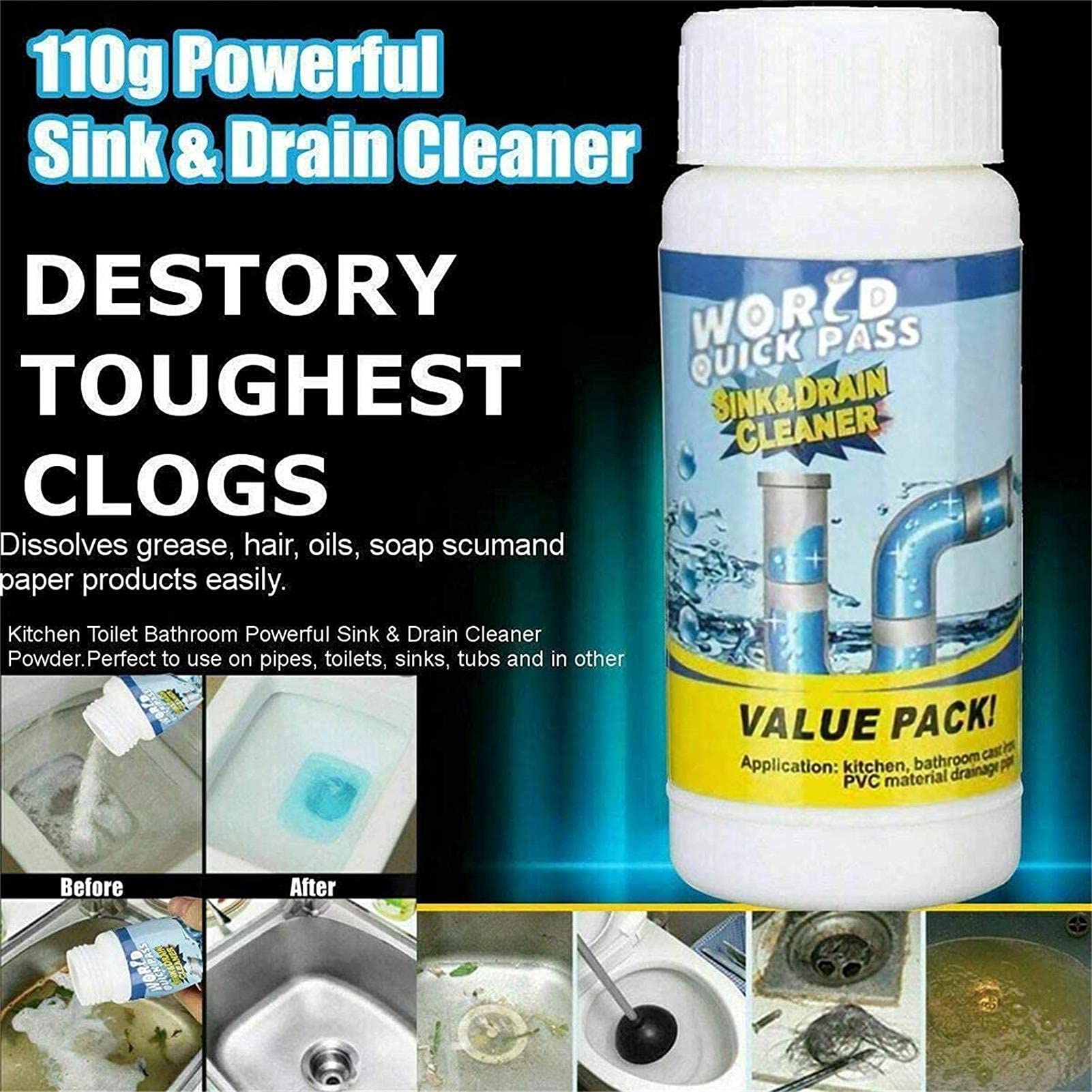 Wild Tornado Pipe Dredge Deodorant - Powerful Sink & Drain Cleaner | Portable Powder Clog Remover for Kitchen, Toilet & Bathroom Pipes | Fast-Acting Chemical Cleaning Agent for Home & Commercial Use