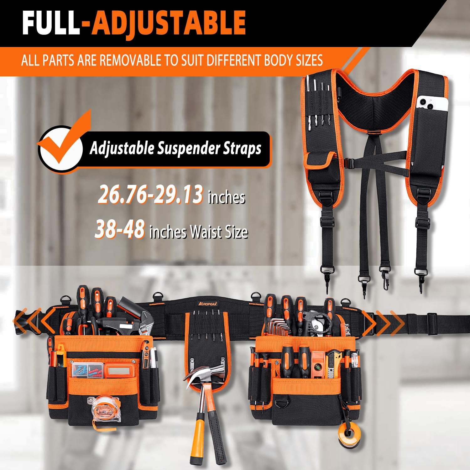 33-Pocket Adjustable Tool Belt Suspenders for Men - Detachable Electrician & Carpenter Tool Belt with Pouches (33''-48'') - Ideal for Framing, Roofing & Construction Work