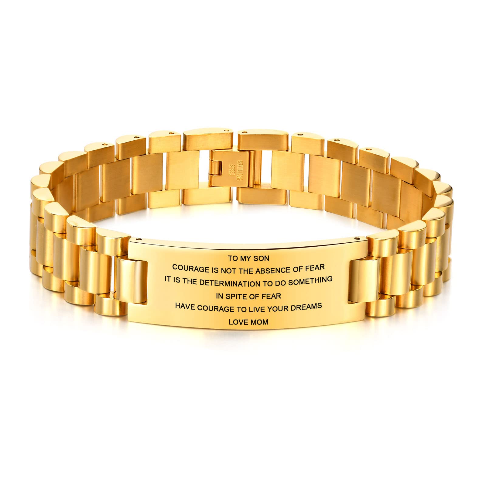 MEALGUET Inspirational Stainless Steel Bracelet for Son - Customizable Courage Link Wristband, Perfect Birthday & Graduation Gift from Mom & Dad, Ideal for Everyday Wear & Special Occasions