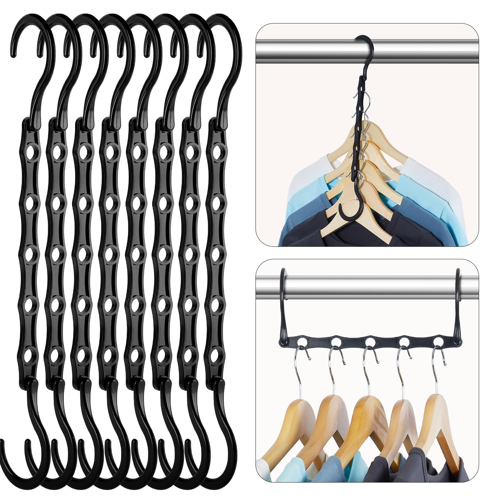 HOUSE DAY Closet Organizers - Space Saving Magic Hangers (8 Pack Black) - Heavy Duty Plastic Clothes Hangers with 5 Holes for Dorm Room, Apartment & Home Organization - Perfect for Sweaters, Coats & Bulk Clothing Storage