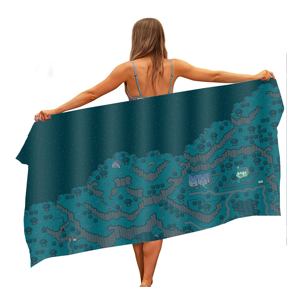 Cartoon Game Map Microfiber Beach Towel - Oversized 70x140cm Soft Quick Dry Bath & Pool Towel for Kids & Adults - Cyan Blue - Perfect for Beach, Travel, Swimming & Outdoor Activities