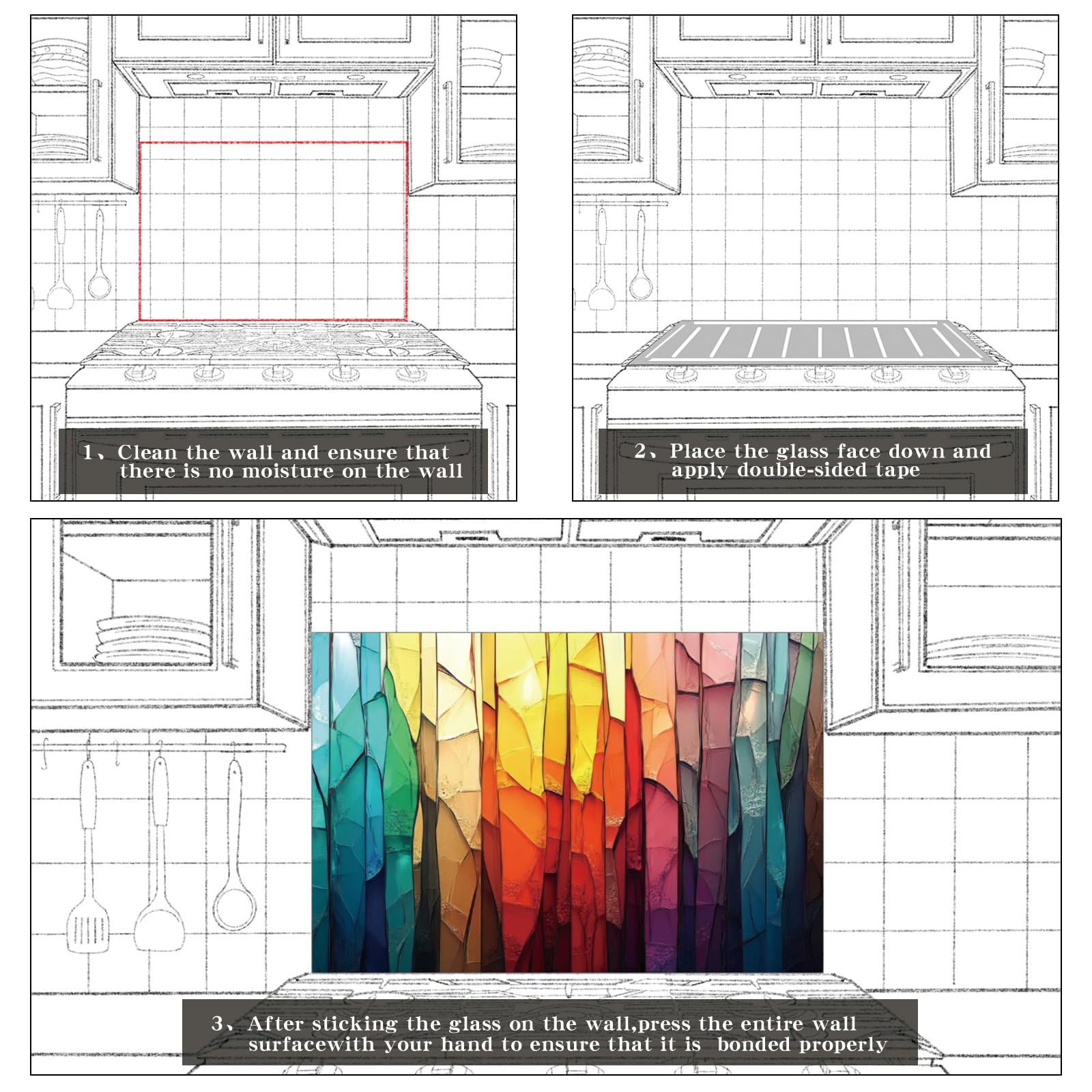 Premium Tempered Glass Kitchen Backsplash - Spice Design Stove Splashback, Easy to Clean Wall Decoration Art (30