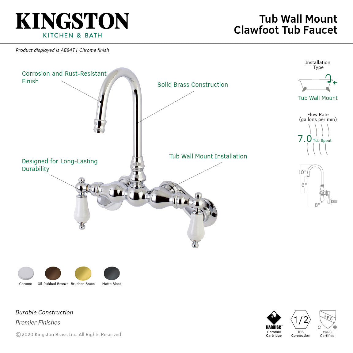 Vintage AE84T1 Two-Handle 2-Hole Wall Mount Clawfoot Tub Faucet in Polished Chrome - Perfect for Classic Bathroom Renovations & Antique Style Decor