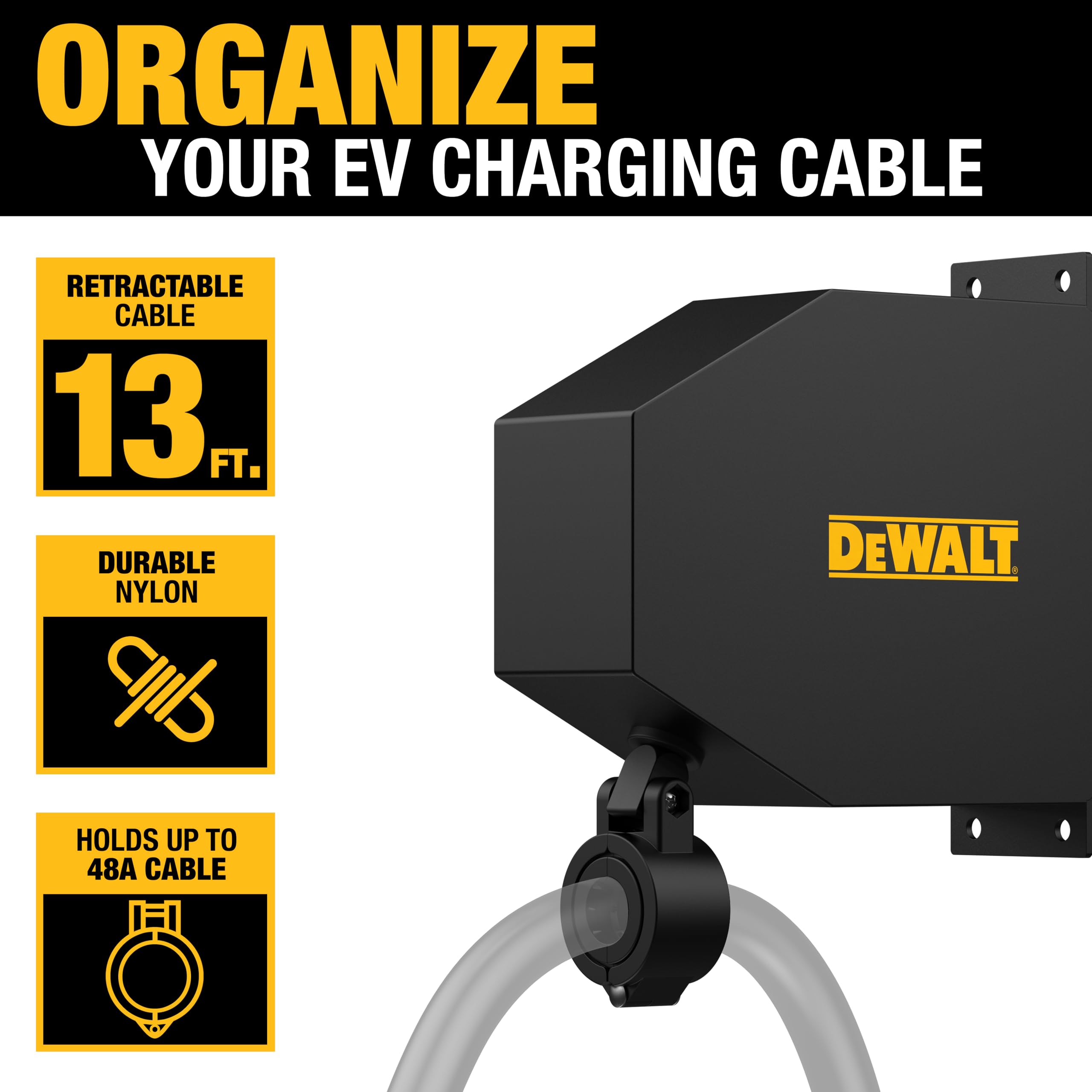DEWALT Universal EV Charger Retractable Cable Management System - Wall/Ceiling Mount, 48 Amp Heavy-Duty Commercial Grade for Indoor & Outdoor Use - Perfect for Home Garages, Public Charging Stations & Workplace EV Charging