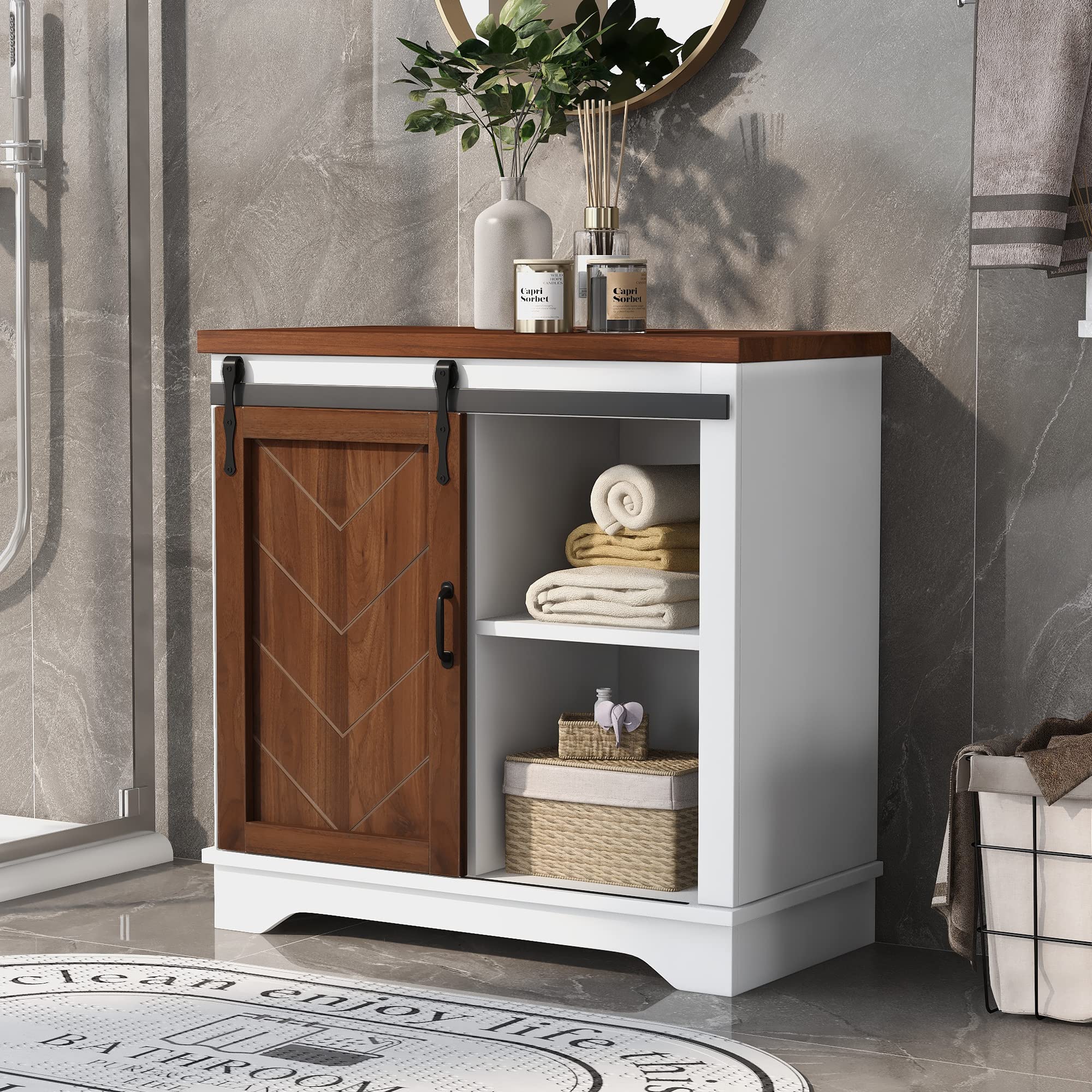 Farmhouse Style Buffet Sideboard with Sliding Barn Door & Adjustable Shelves - Rustic Kitchen Storage Cabinet for Dining Room, Entryway or Coffee Bar - White/Brown Distressed Finish - Perfect for Home Decor, Entertaining & Organization