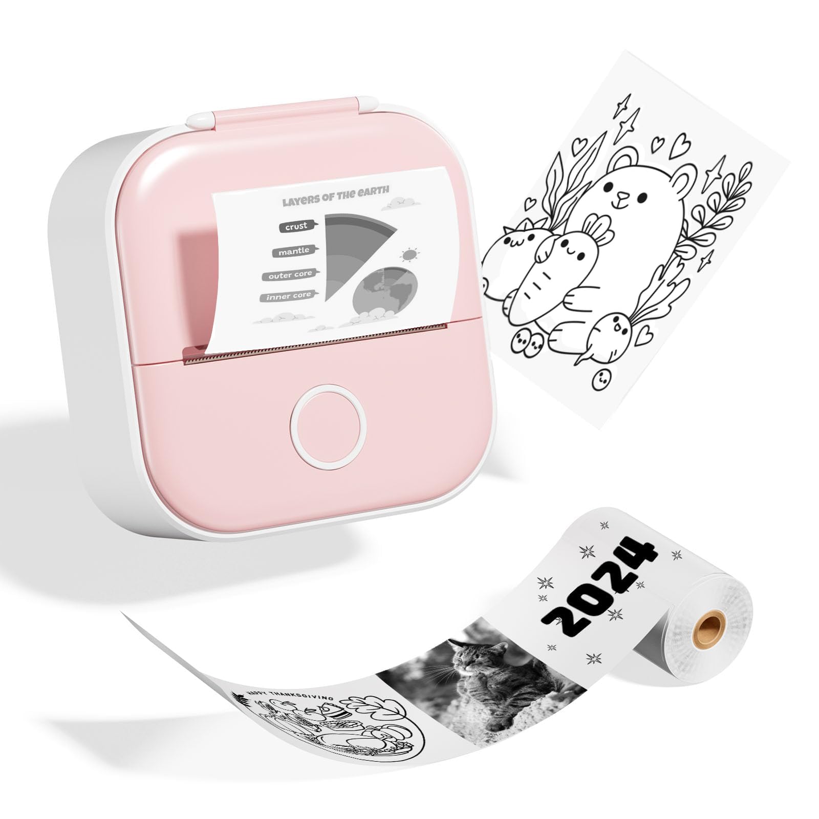 Odaro T02 Mini Bluetooth Thermal Sticker Printer - Portable Sticker Maker Machine with 1 Roll Paper, Wireless Label Printer for School Notes, Journals, Coloring Pictures, DIY Crafts (Pink) - Perfect for Home, Office & Classroom Use