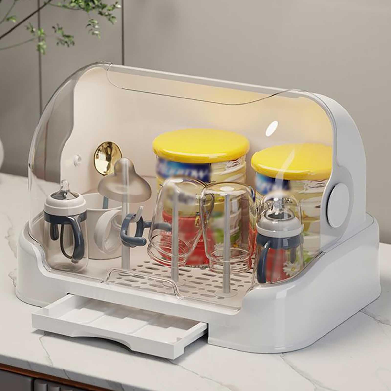Baby Bottle Drying Rack with Lid & Removable Drain Tray - Dustproof Bottle Organizer for Kitchen, Plates, Cups & Cutlery - Perfect for Nursery, Daycare & Home Use