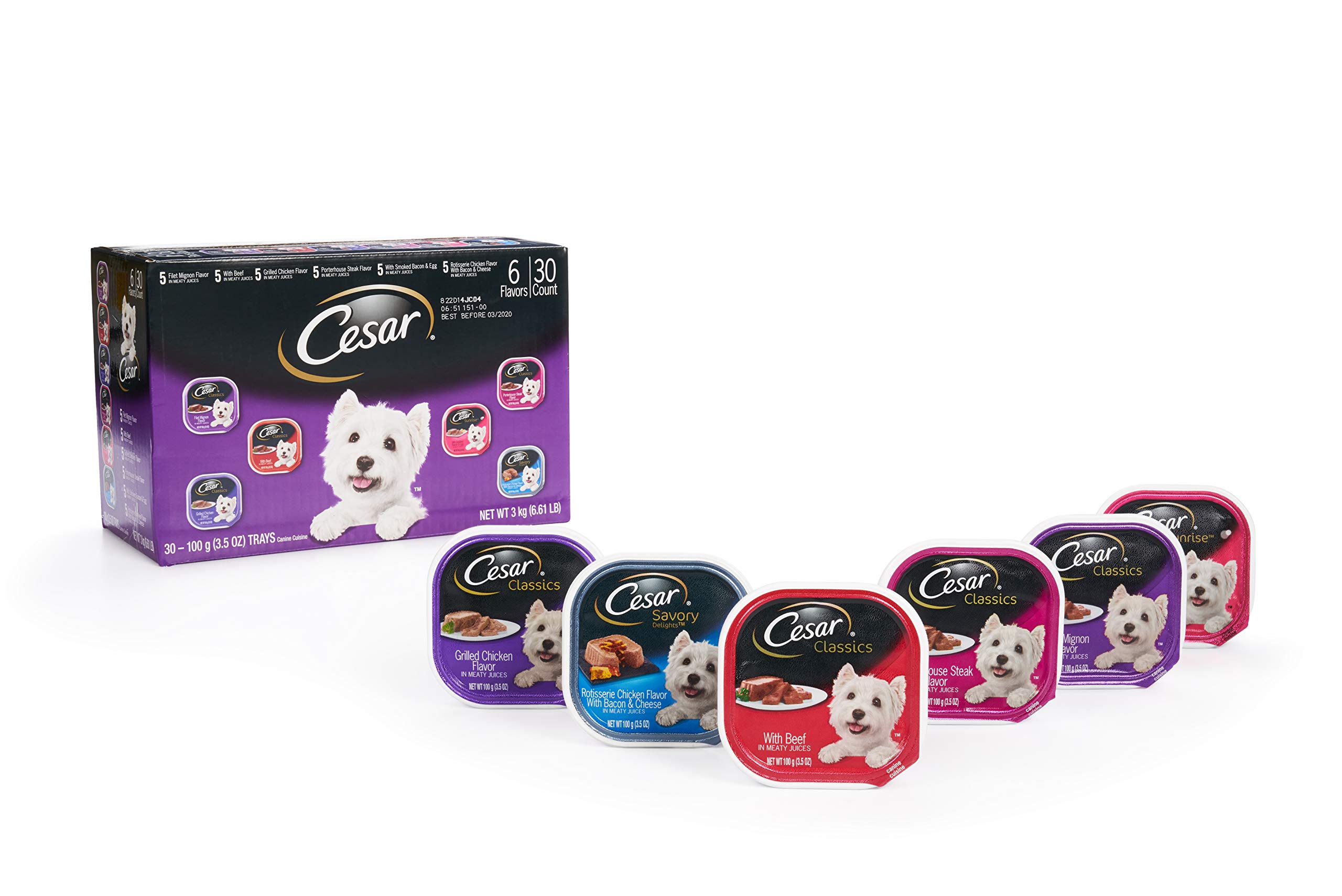 Premium Cesar Canine Cuisine Wet Dog Food Variety Pack - 30 Count (6.61 lbs) | Meaty Juices Flavor | Perfect for Small Breeds & Senior Dogs | Ideal for Mealtime, Training Treats & Food Toppers