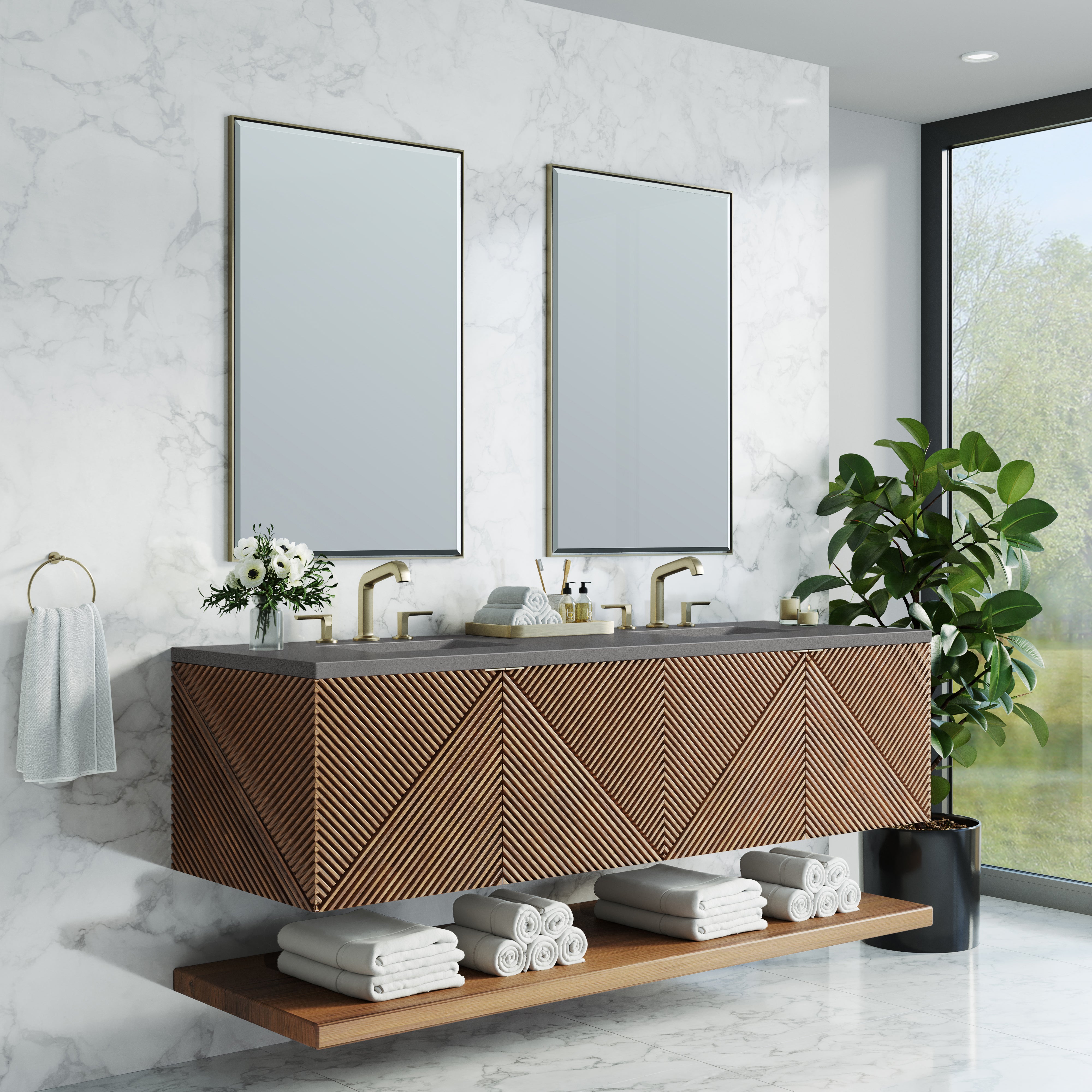 Marcello 72 Inch Double Bathroom Vanity with Sink - Chestnut Finish & 3CM Grey Expo Top for Modern Master Bathroom or Guest Bath Remodel