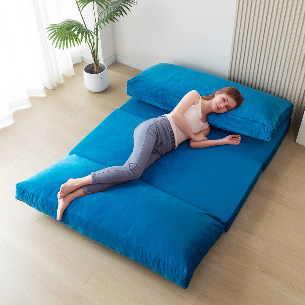 MAXYOYO Velvet Bean Bag Folding Sofa Bed - Washable Cover for Adults, Blue | Comfortable Floor Seating for Living Room, Bedroom & Dorm
