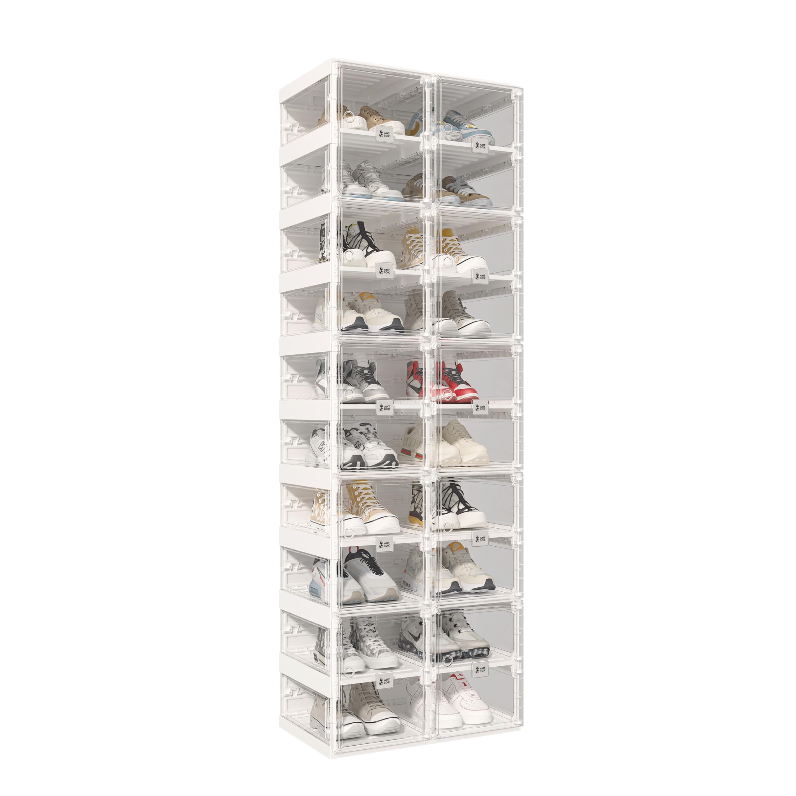 Foldable Shoe Rack Organizer - 10-Tier Stackable Plastic Shoe Storage Cabinet with Magnetic Clear Doors, Holds 20 Pairs - Space Saving Closet & Entryway Solution for Sneakers, Boots & Heels - Perfect for Small Apartments, Dorm Rooms & Mudroom Organization