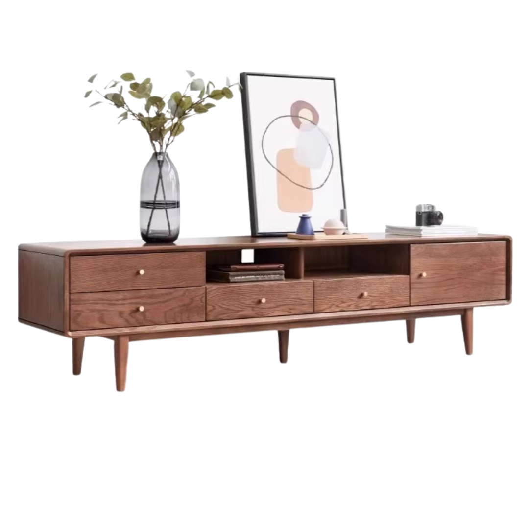 Solid Oak Wood TV Stand - Modern Entertainment Center with Storage Shelves for Living Room, Bedroom & Home Theater