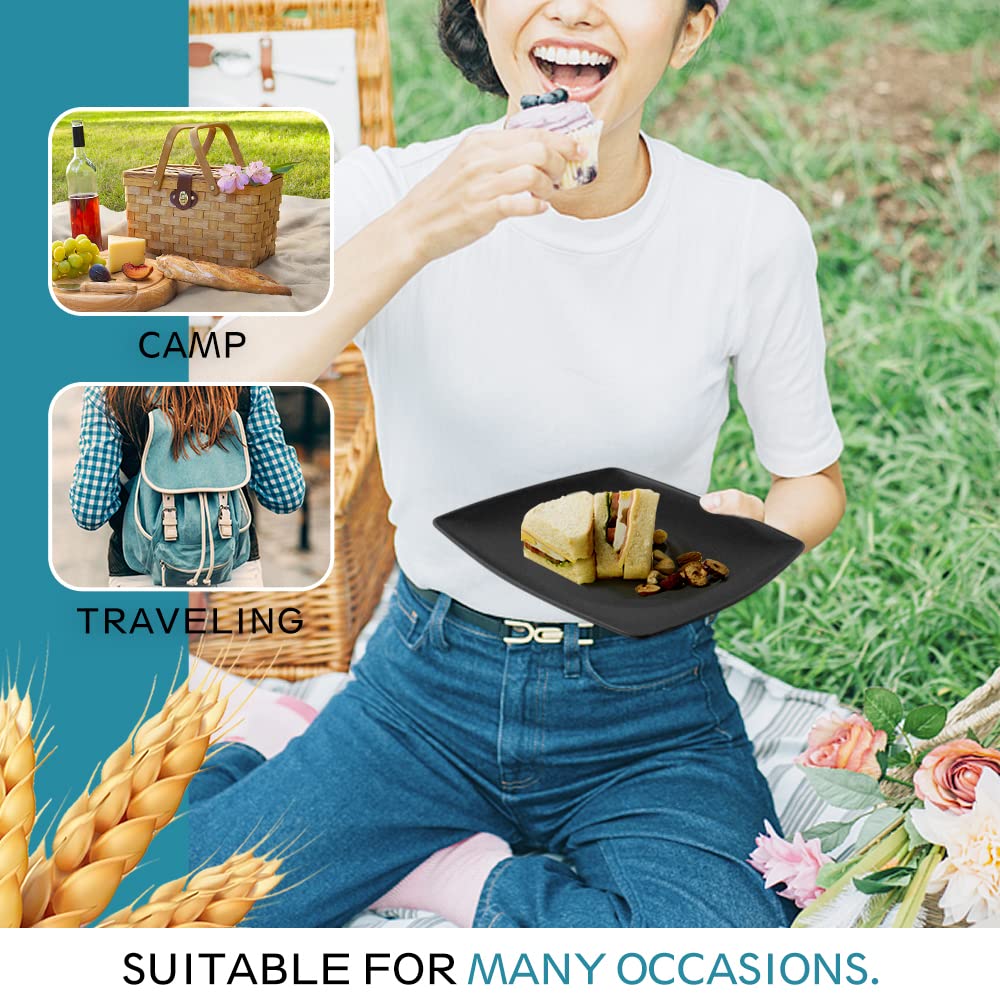 Teivio 16-Piece Unbreakable Plastic Wheat Straw Dinnerware Set for 4 - Square Dinner Plates, Salad Plates, Snack Bowls & 13.5oz Tumblers | Dishwasher Safe, Eco-Friendly Black Tableware | Perfect for Outdoor Picnics, Camping & Everyday Family Meals
