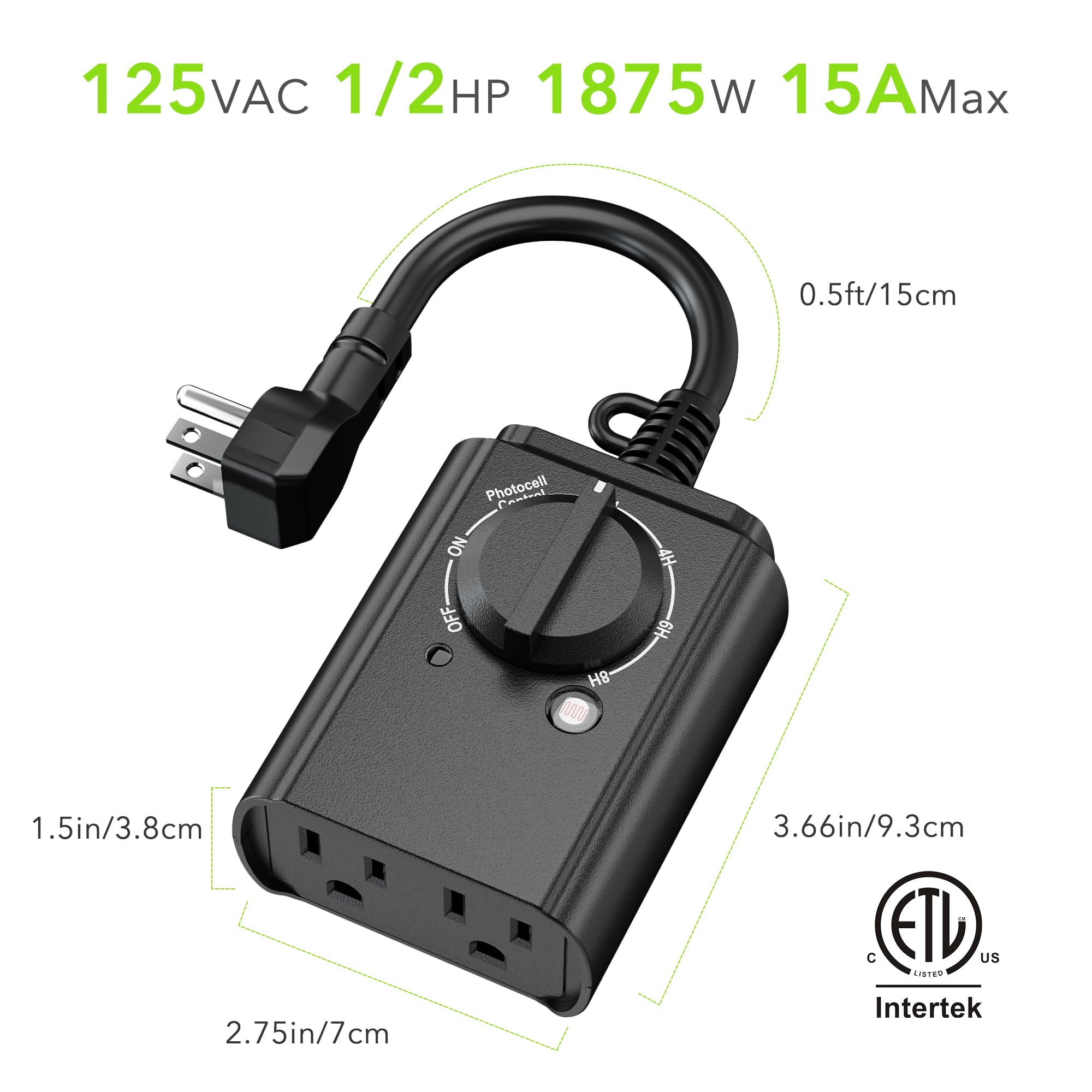 BN-LINK Outdoor 24-Hour Timer with Photocell Light Sensor - Waterproof Countdown Timer (2/4/6/8 Hours Mode) - Weatherproof Electrical Outlet Timer for Garden Lights, Holiday Decorations & Pool Pumps - 2 Pack Grounded Outlets for Home & Outdoor Use