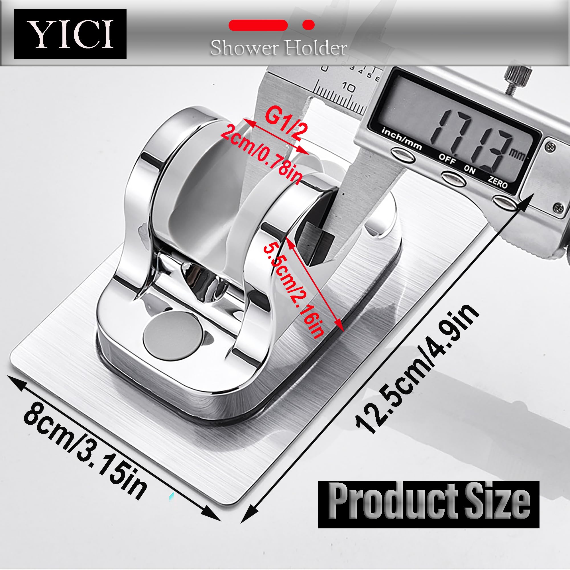YICI No Drill Handheld Shower Head Holder - 12cm Strong Adhesive Shower Bracket with Adjustable Angle, Rustproof Silver Finish (2-Pack) - Perfect for Bathroom, RV, Apartment & Rental Homes Renovation