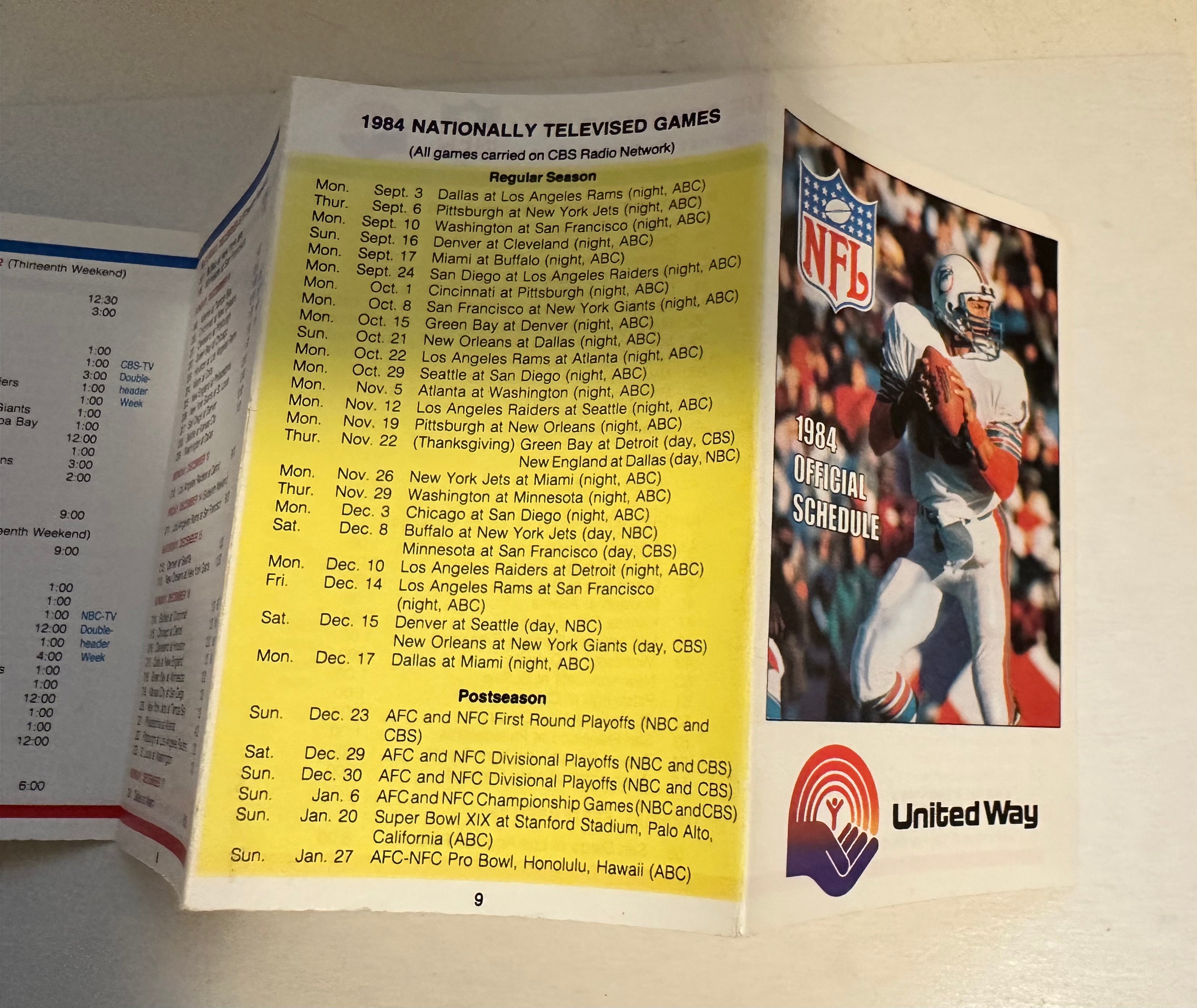 Dan Marino Miami Dolphins NFL Football Legends Rare 1984 Rookie Football Schedule - Perfect for Sports Memorabilia Collectors and Miami Dolphins Fans