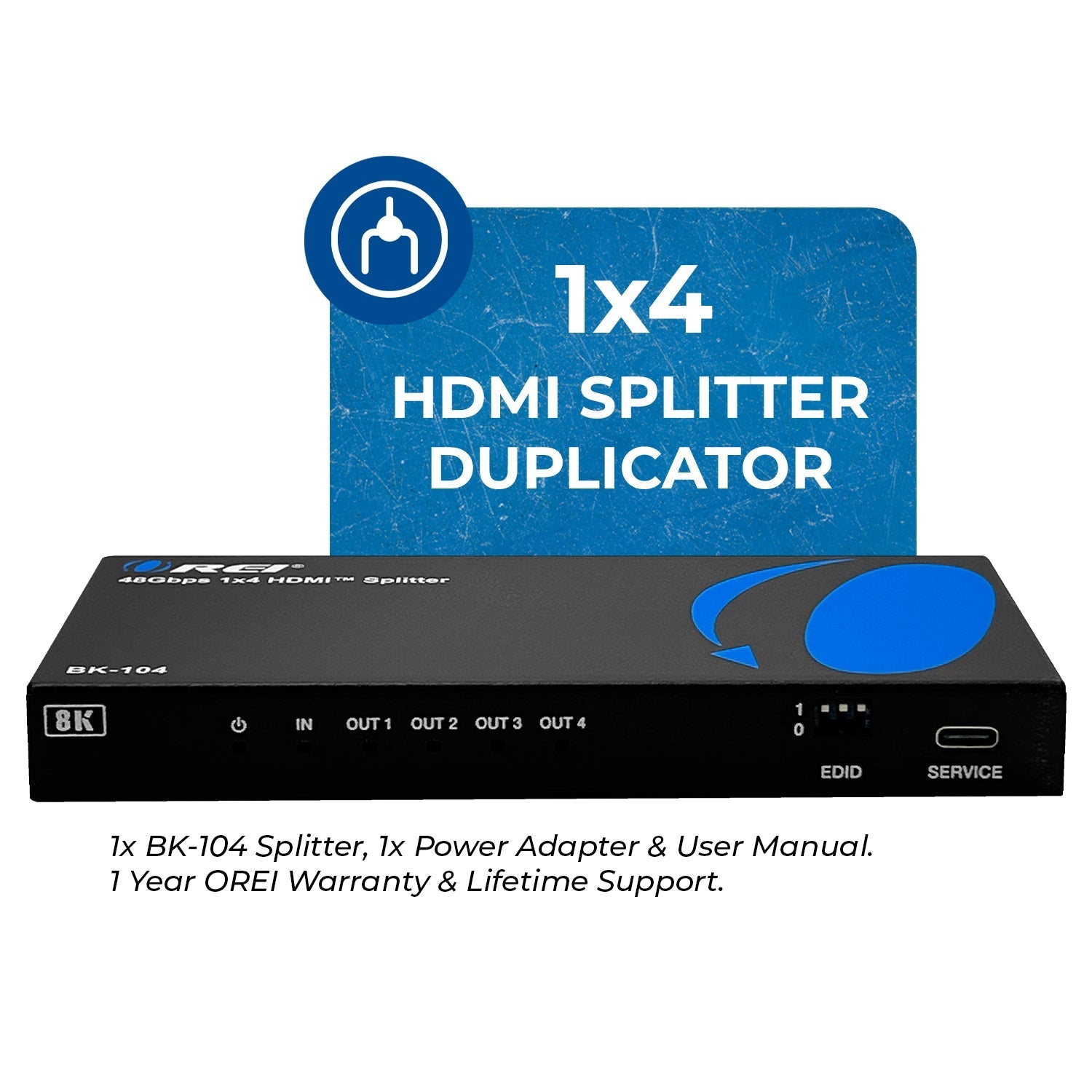 1x4 HDMI Splitter with Audio Output - 1 Input 4 Output UltraHD 8K EDID (BK 104) for Home Theater, Gaming, and Multi-Screen Presentations