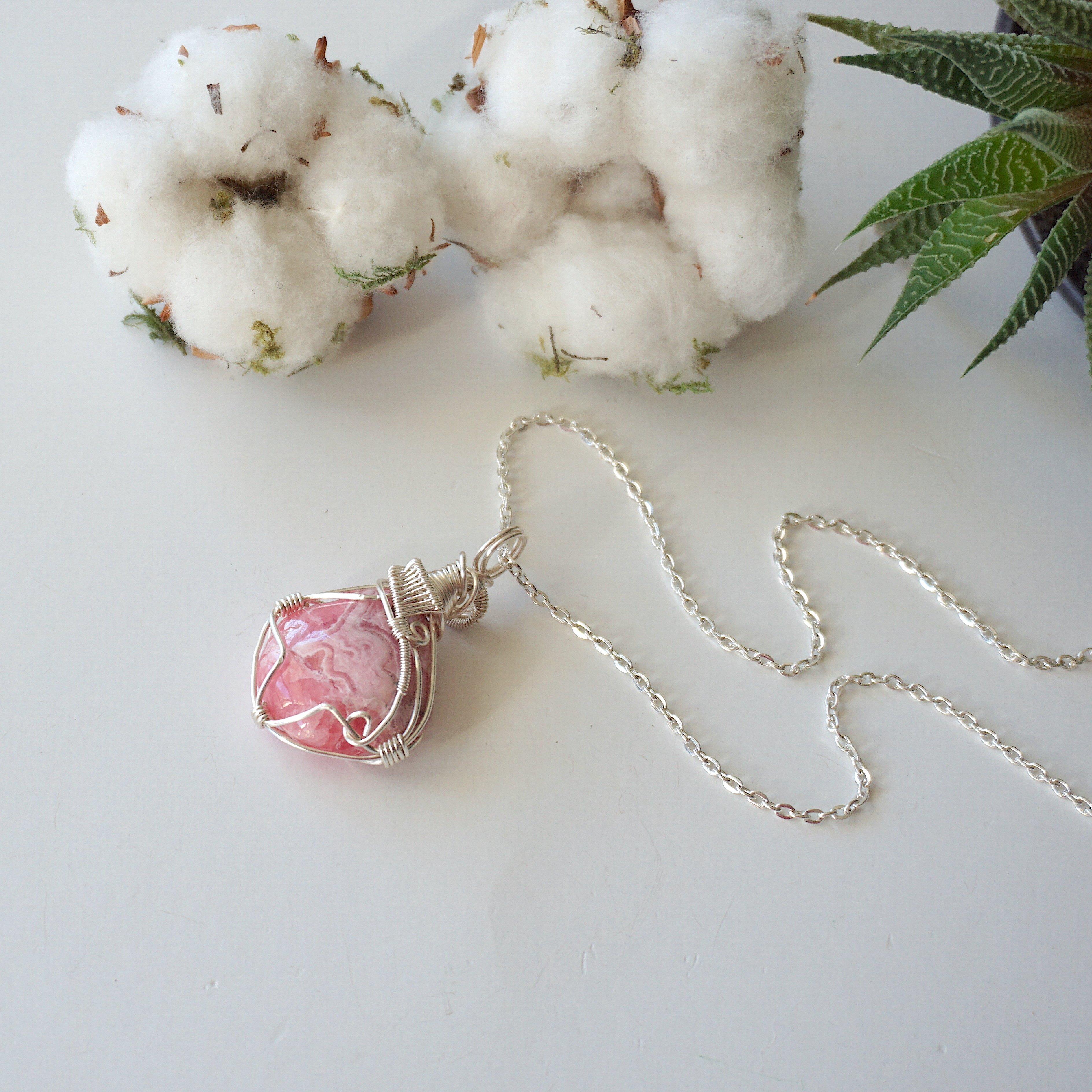 Rhodochrosite Pendant Necklace in Bright Silver - Elegant Jewelry for Women, Gift for Valentine's Day, Birthday & Special Occasions