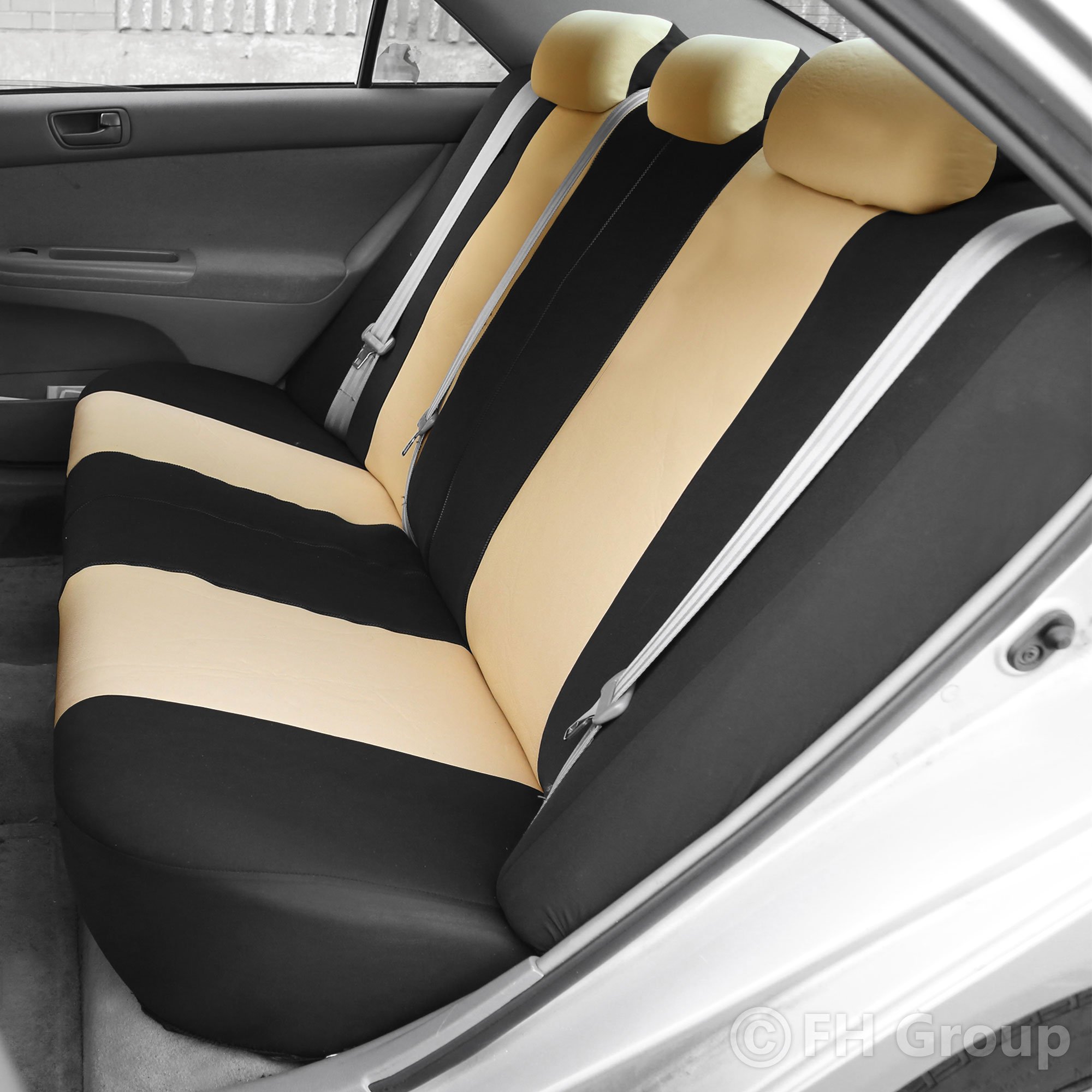FH Group Universal Beige Car Seat Covers Full Set with Vinyl Floor Mats - Compatible with Cars, Trucks & SUVs, Airbag Safe, Split Rear Seat Design - Durable Flat Cloth & Combo Interior Accessories for Daily Commute, Road Trips & Family Protection