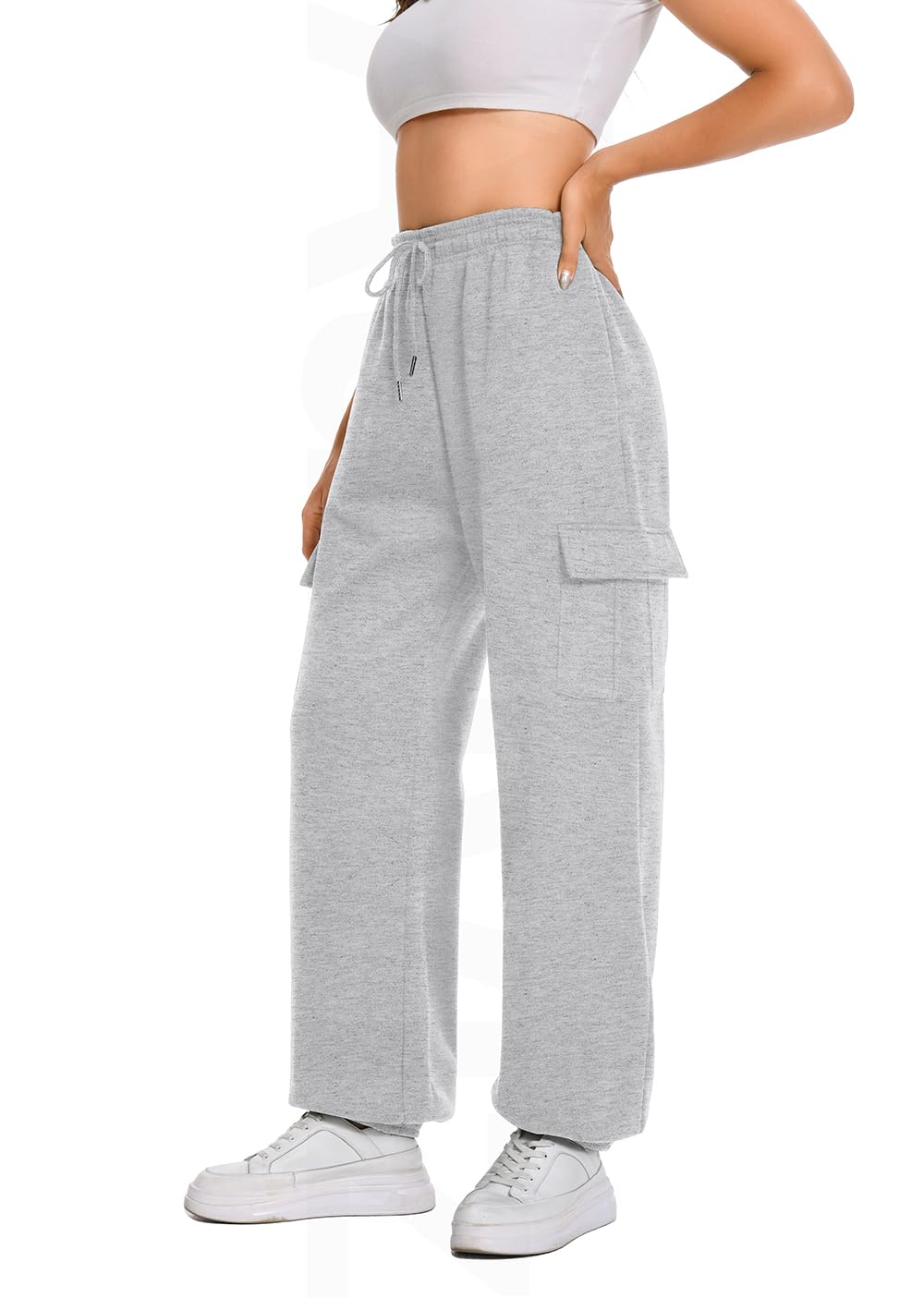 Women's Fleece Cargo Joggers - High Waisted Baggy Sweatpants with Drawstring & 4 Pockets, 31