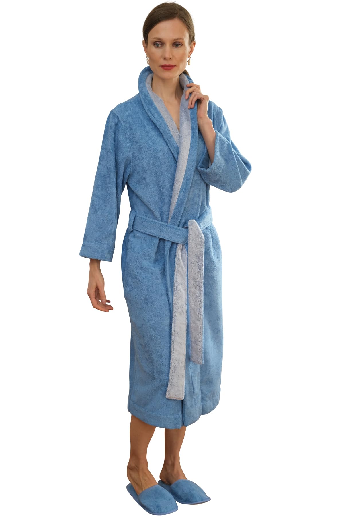 Premium Women's Bathrobe & Slippers Set - Soft Cotton Modal Blend, Bi-Face Blue/Silver/Grey - European Crafted Luxury for Spa, Home Relaxation & Gift Giving