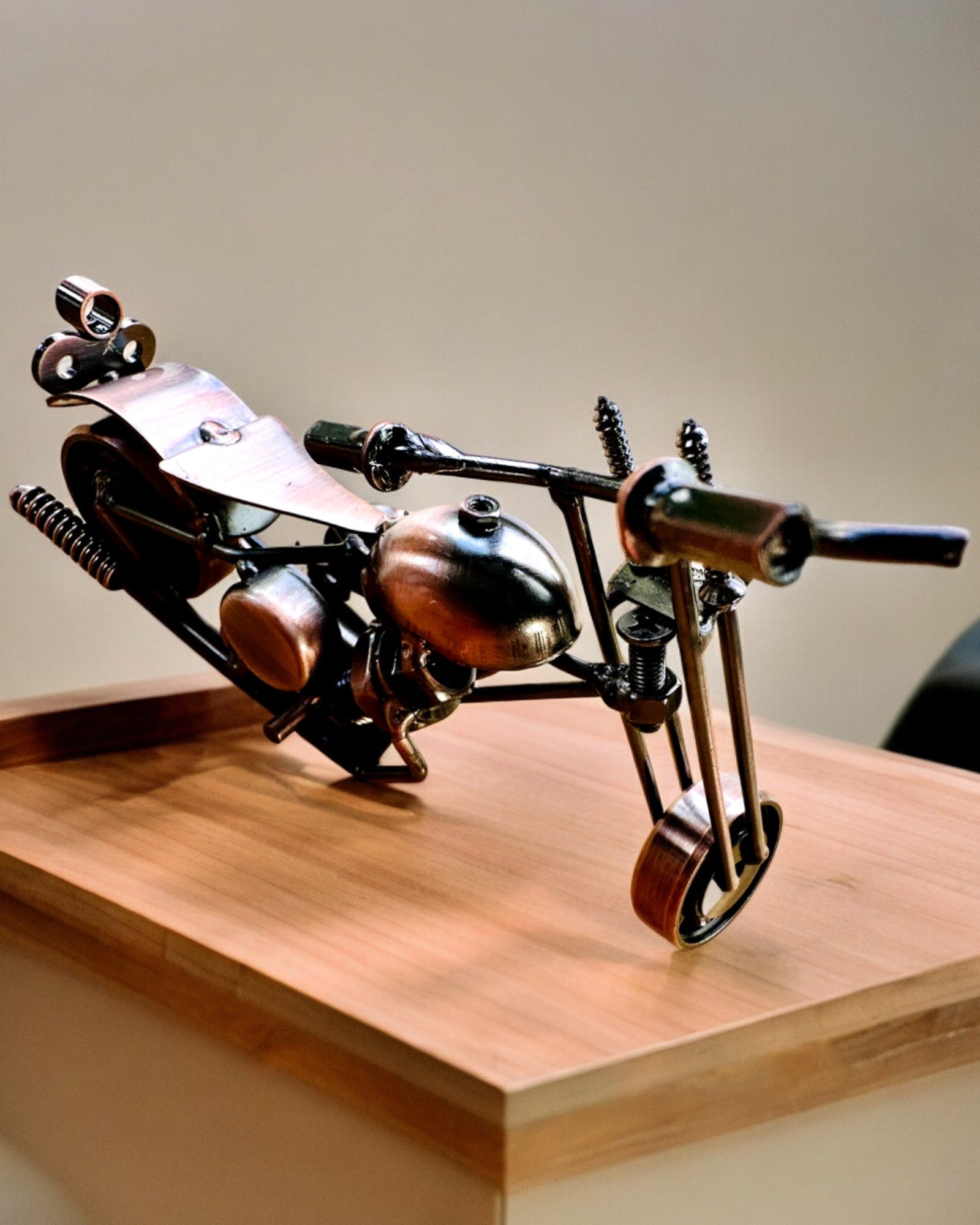 Handmade Iron Motorcycle Model - Custom Chopper Bike with Engraving | Unique Gift for Bikers, Home Decor & Man Cave Display