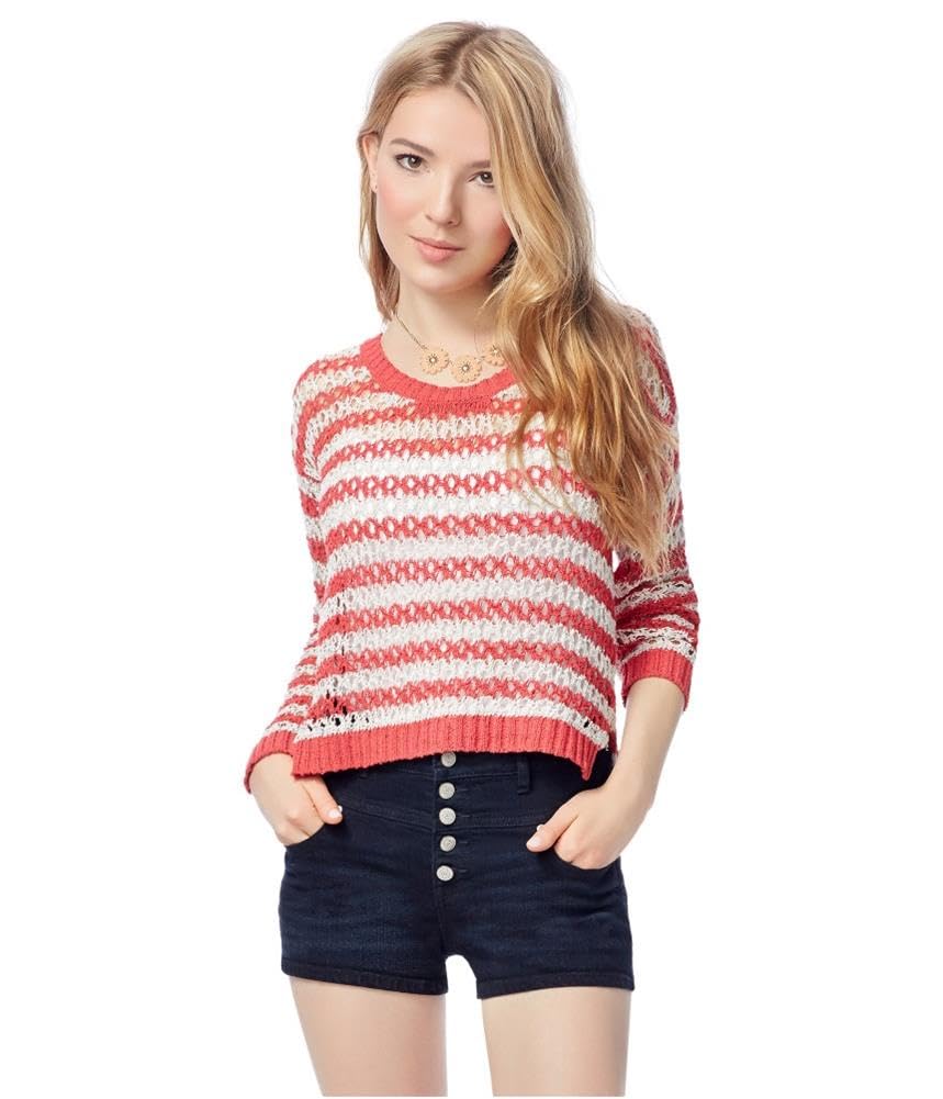 AEROPOSTALE Women's Crochet Knit Sweater - Red, Medium | Cozy & Stylish Pullover for Fall & Winter | Perfect for Casual Outings, Date Nights & Layering