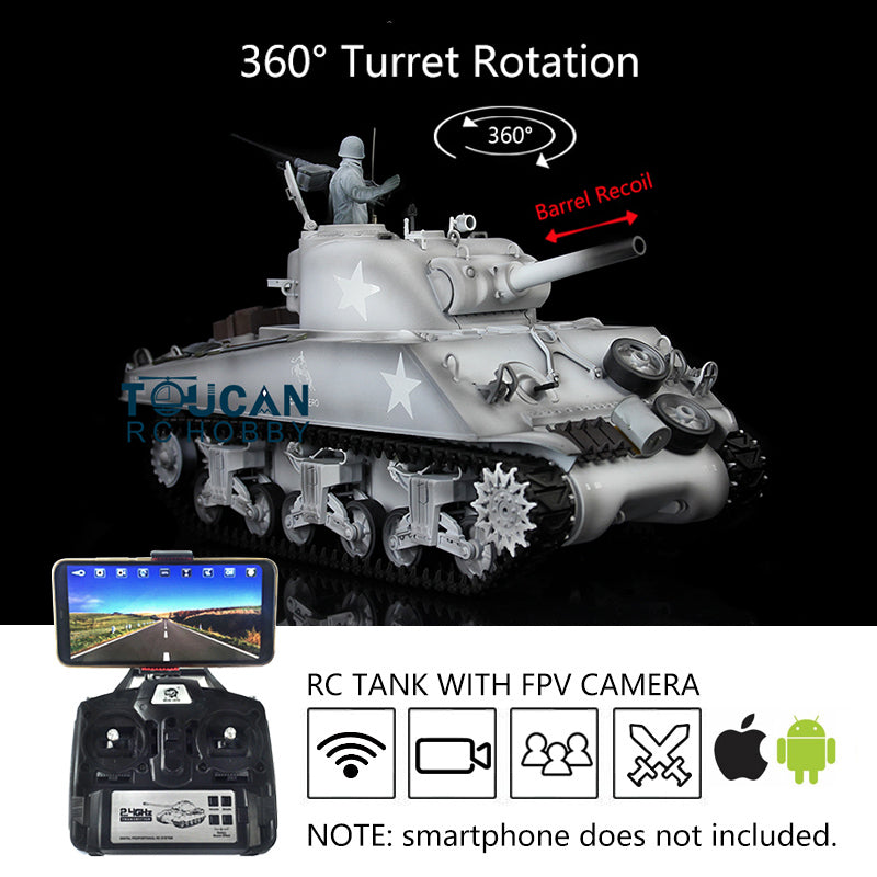 1/16 Henglong M4A3 Sherman RC Tank - 7.0 Plastic Model with 360° Rotating Turret, FPV Barrel Recoil & Steel Gearbox | Realistic Smoke Effects | Perfect Gift for Boys & Military Enthusiasts | Battle Simulation & Outdoor Play