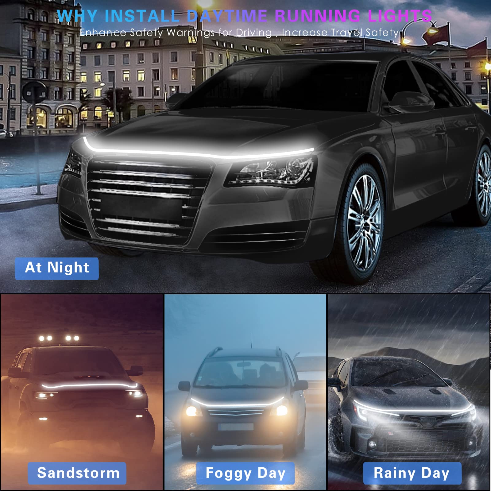 71-Inch Flexible LED Car Hood Light Strip - Dynamic White Daytime Running Lights for Cars & SUVs - Perfect for Night Driving & Custom Exterior Styling