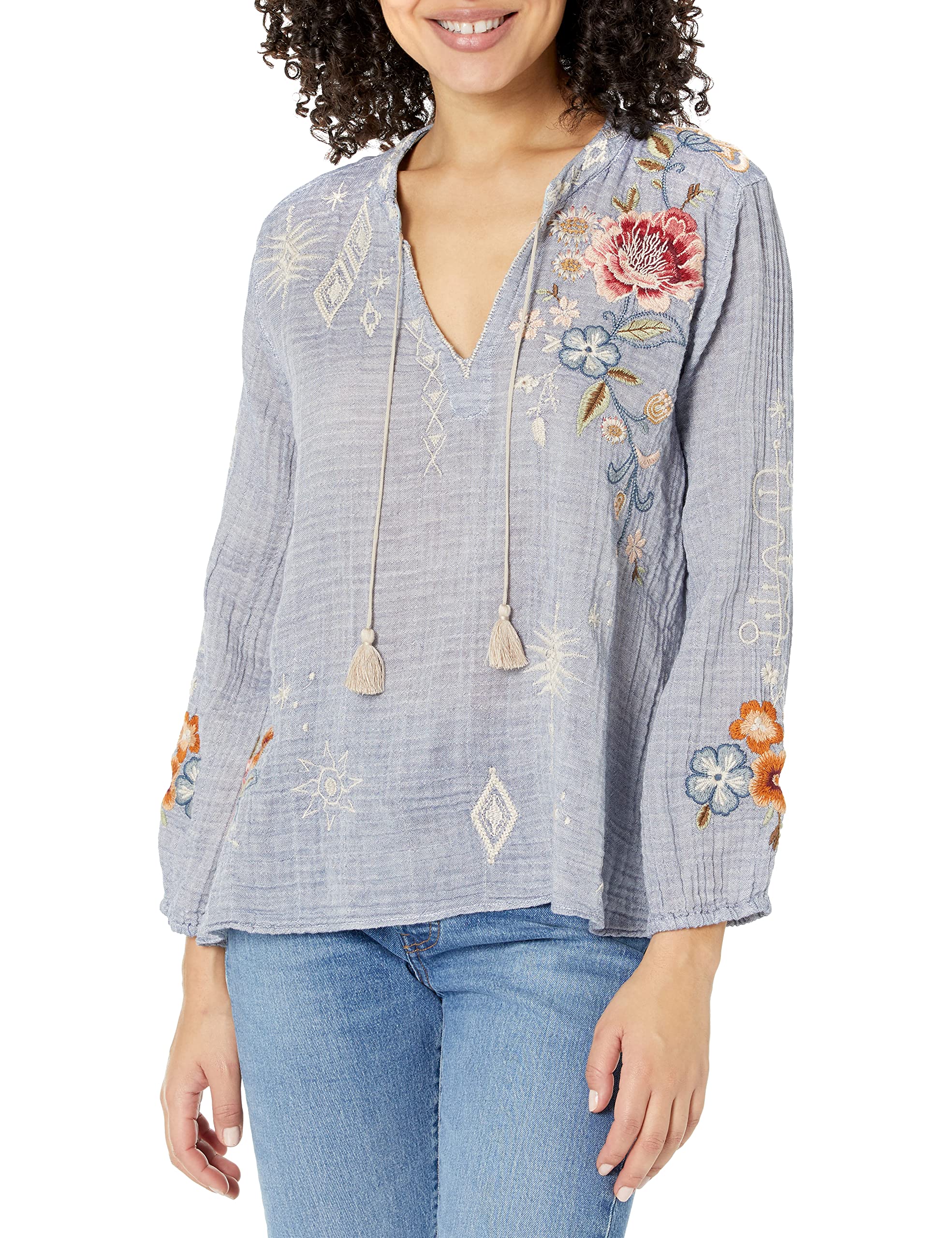 Johnny Was Women's Boho Chic Long Sleeve Scarf Back Blouse - Perfect for Casual Outings, Date Nights & Bohemian Style Lovers