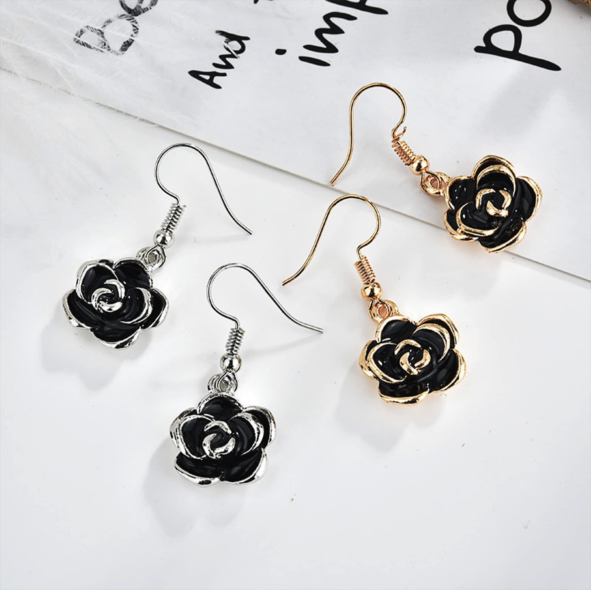 Rose Gold Plated Black Rose Dangle Drop Earrings - Elegant Fashion Jewelry for Women, Perfect for Evening Parties & Date Nights