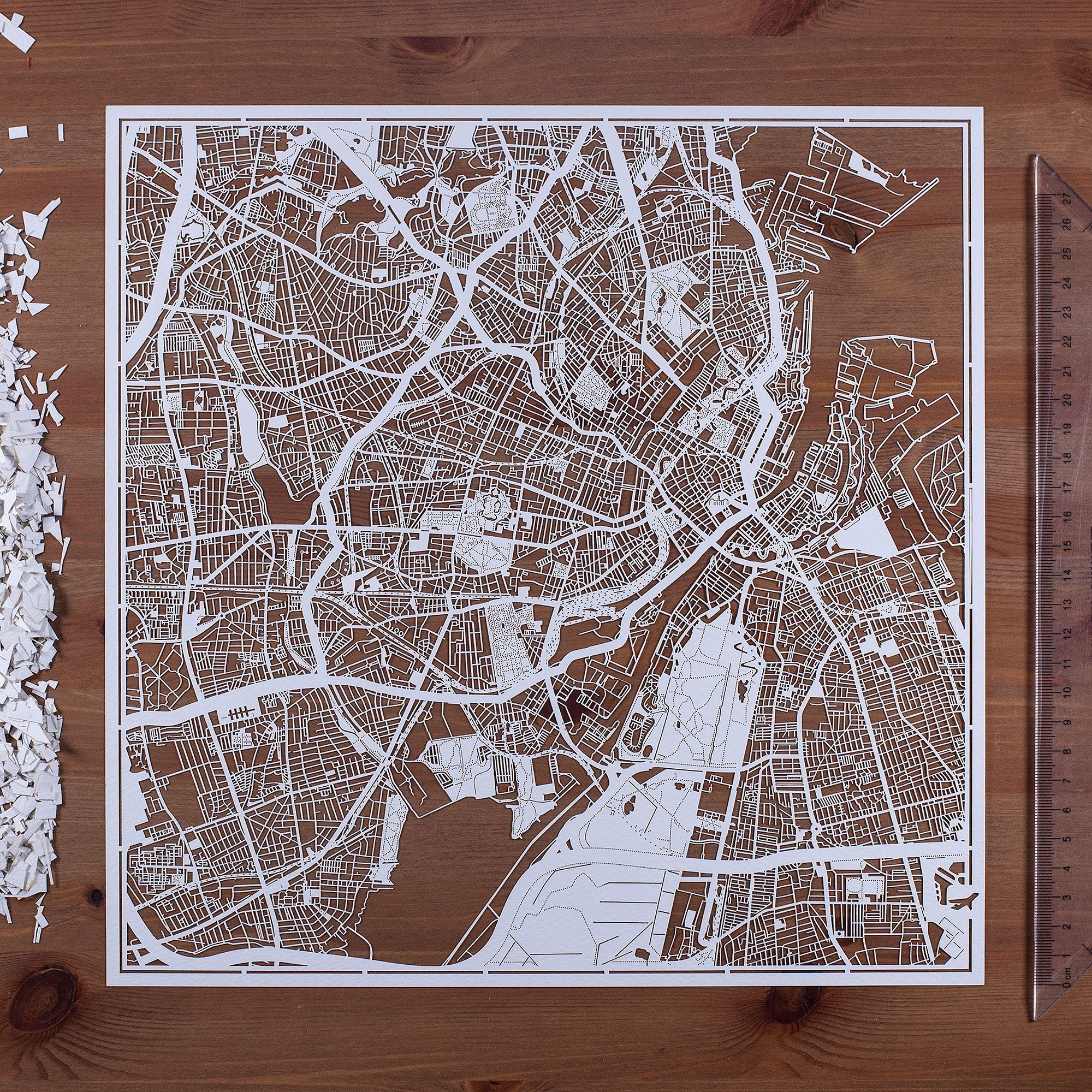 O3 Design Studio Copenhagen Paper Cut Map - 12x12 Inches White Paper Art Wall Decor for Home, Office & Gift Giving