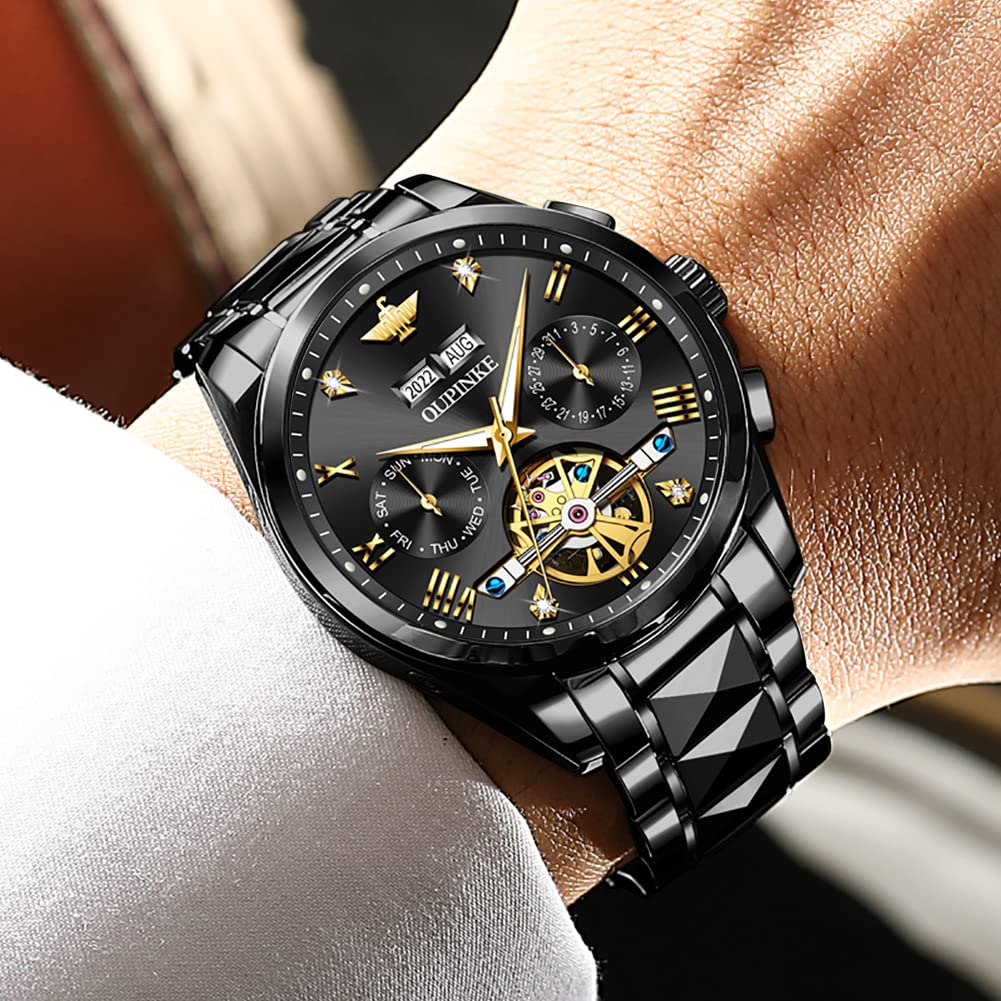 Premium OU PINKE Men's Automatic Skeleton Tourbillon Watch - Self-Winding Luxury Dress Watch with Sapphire Crystal Glass for Business & Formal Occasions | Perfect Gift for Professionals & Watch Collectors