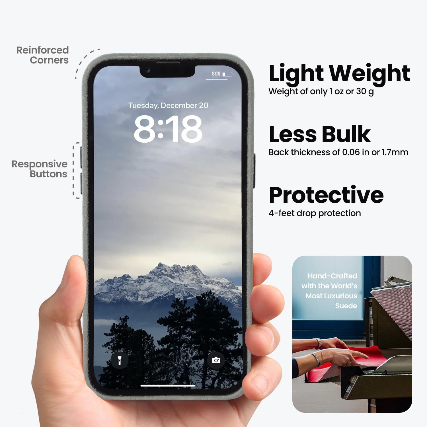 Premium Alcantara iPhone 13 Case (6.1-inch) - Soft Gray Luxury Phone Cover | Slim Protective Case for iPhone 13/13 Pro | Perfect for Business, Travel & Everyday Use