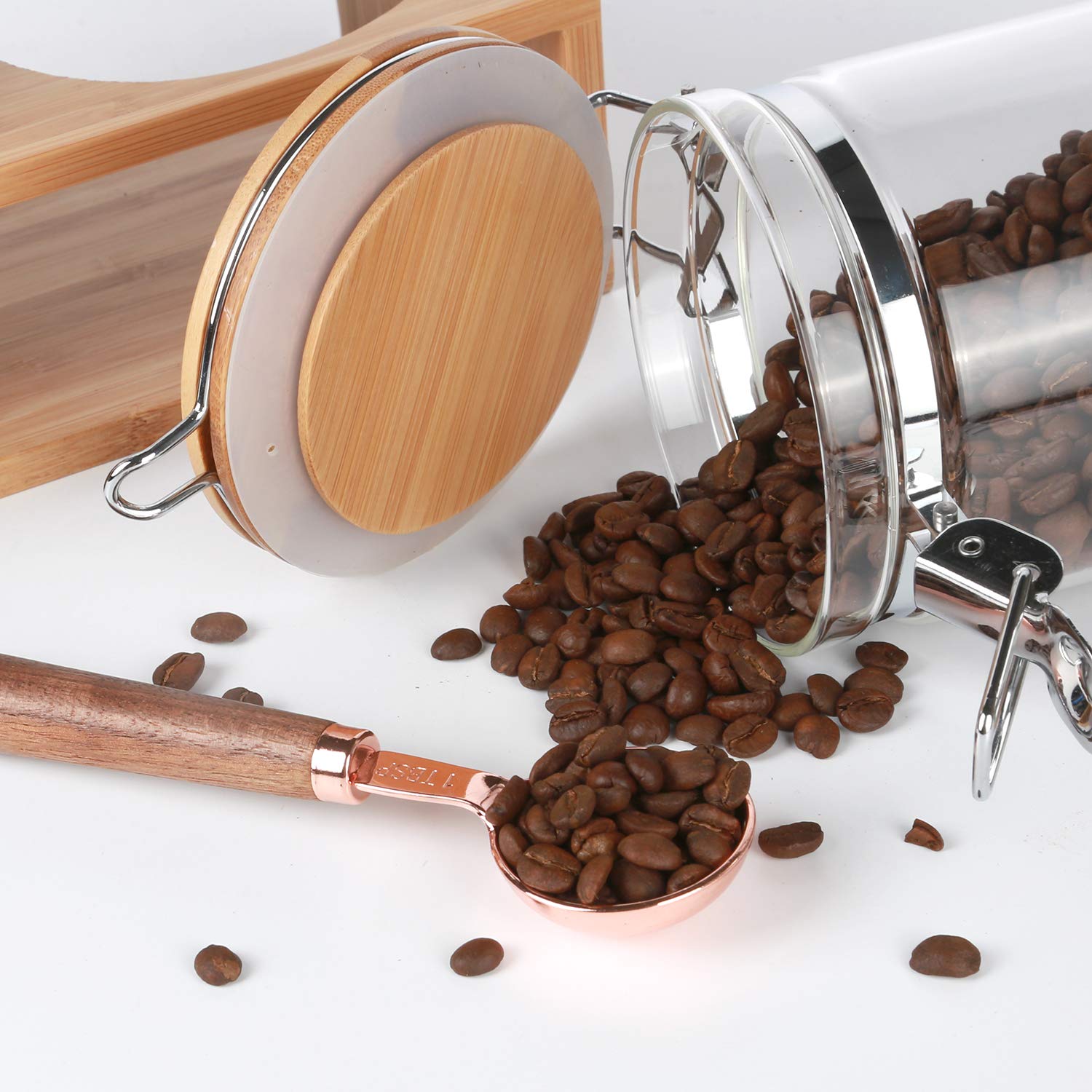 KKC HOME ACCENTS Airtight Glass Food Storage Jars with Bamboo Lids - Coffee Bean, Tea, Nut & Sugar Containers - Includes Scoop for Coffee Grounds | Perfect for Kitchen Pantry Organization & Coffee Bar Storage