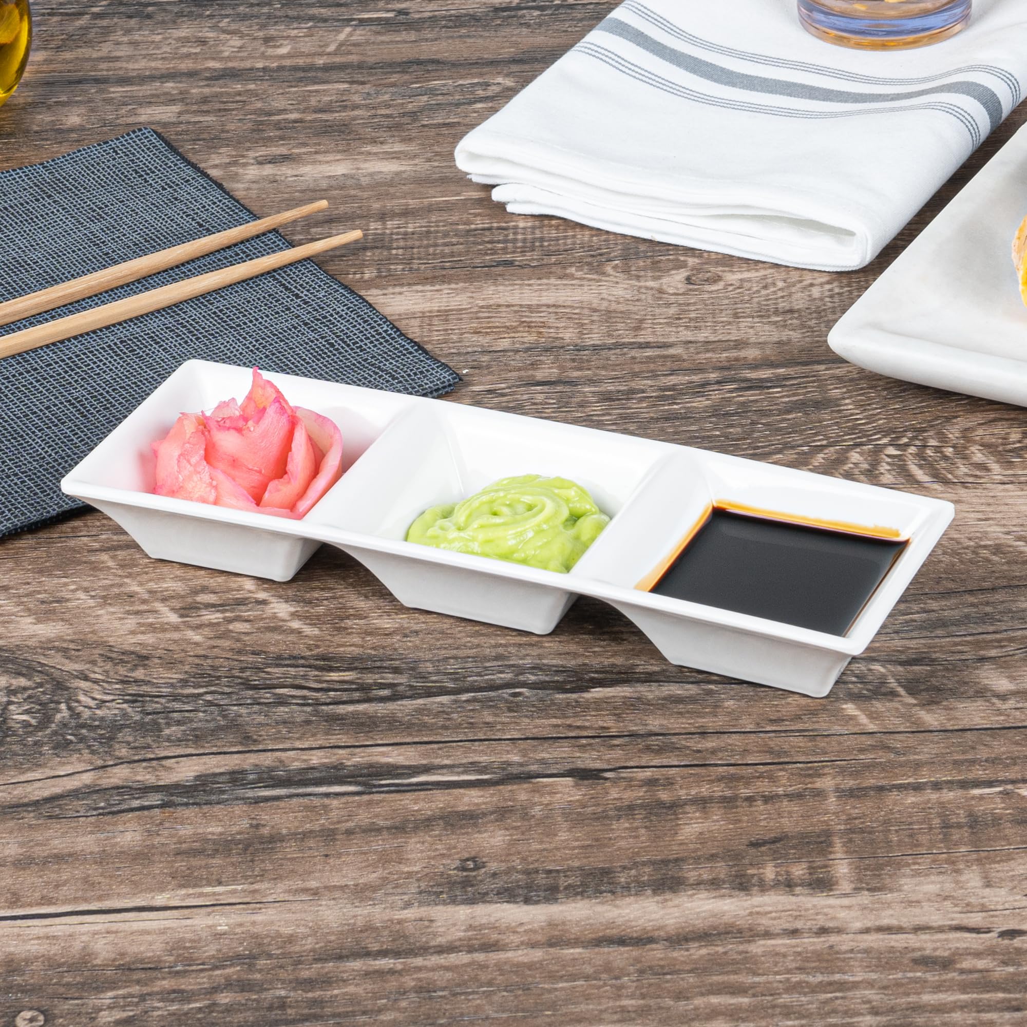 Voga 5 oz Square Melamine Serving Dishes - 3-Compartment Appetizer Plates for Dips, Snacks & Condiments | Party & Event Tableware | Durable White Restaurantware (Set of 10)