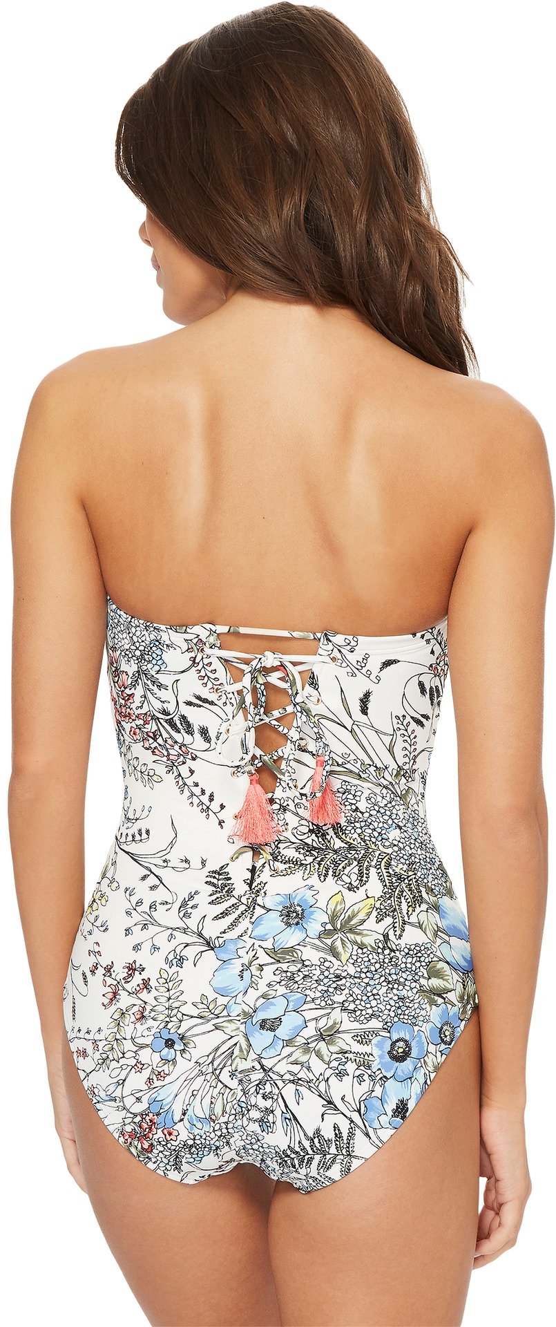 Vince Camuto Wildflower Lace Back Bandeau One-Piece Swimsuit with Removable Soft Cups & Adjustable Straps - White Multi Size 6 | Perfect for Beach Vacations, Pool Parties & Summer Getaways