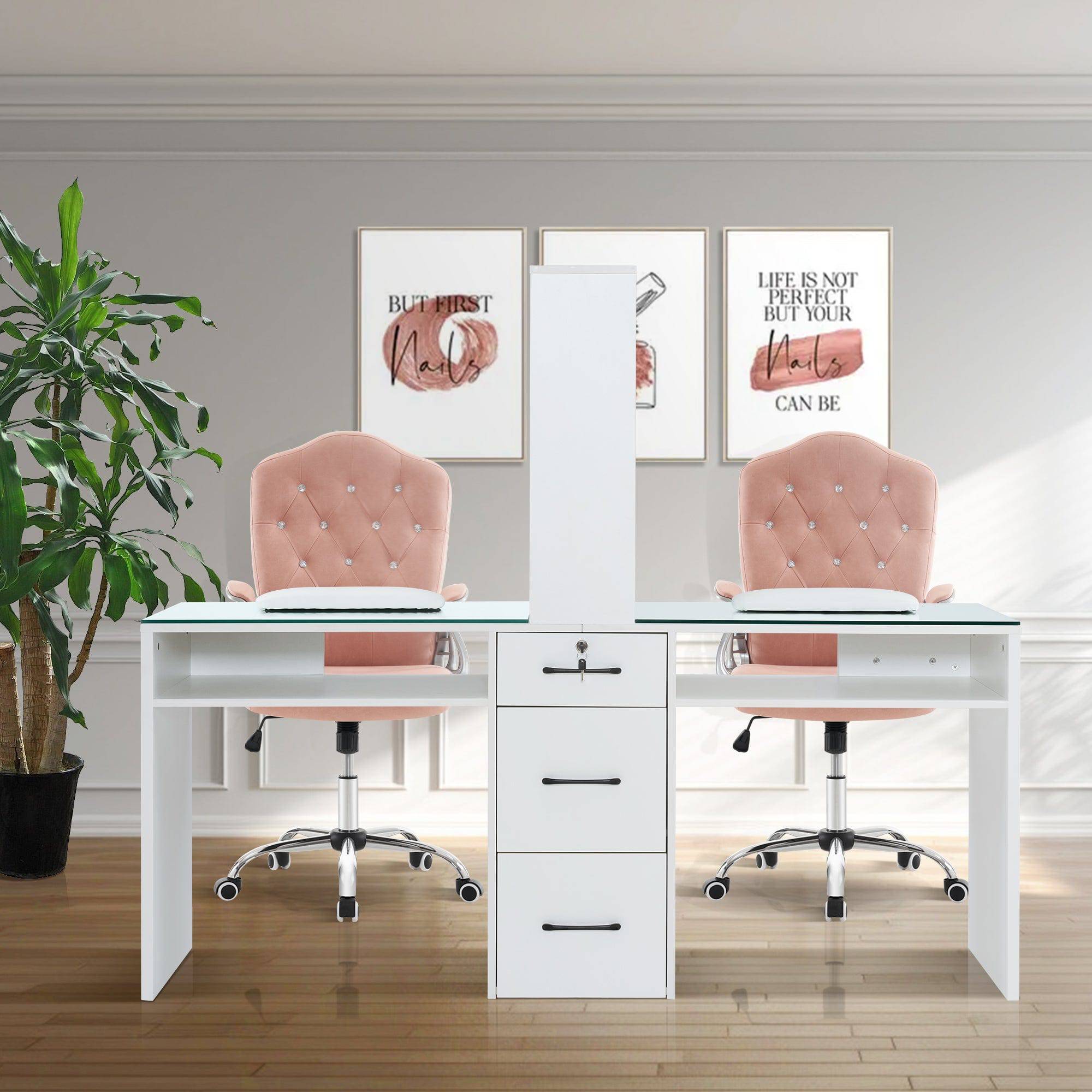 Dual Elegance Manicure Station - Professional Nail Art Table with LED Lights & Storage Drawers | Perfect for Home Salons & Nail Technicians
