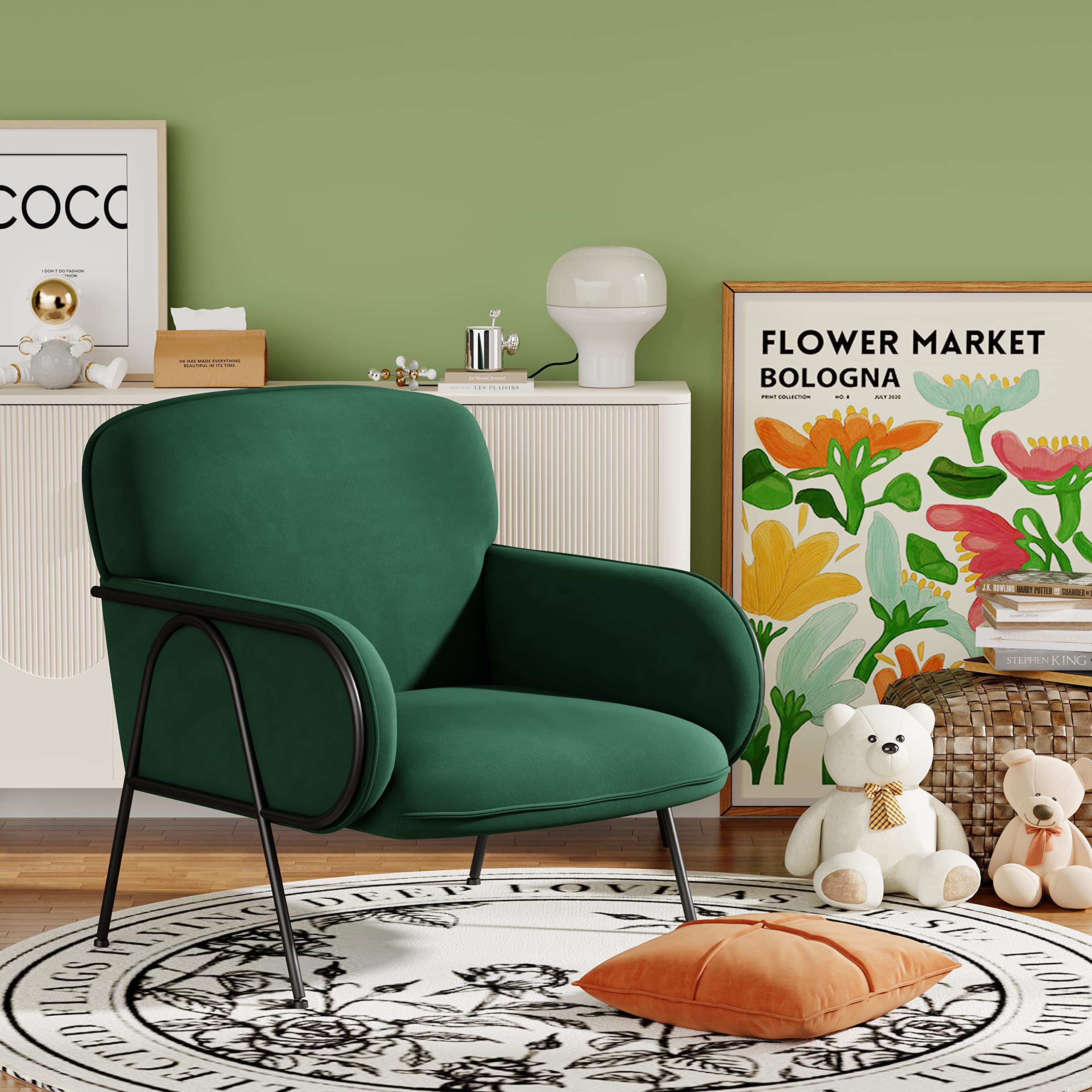 WENTMENT Velvet Accent Chair - Modern Upholstered Armchair with Sturdy Metal Legs, Comfortable Lounge & Reading Chair for Living Room, Bedroom, Hosting Room - Perfect for Relaxation, Reading & Home Decor (Green)
