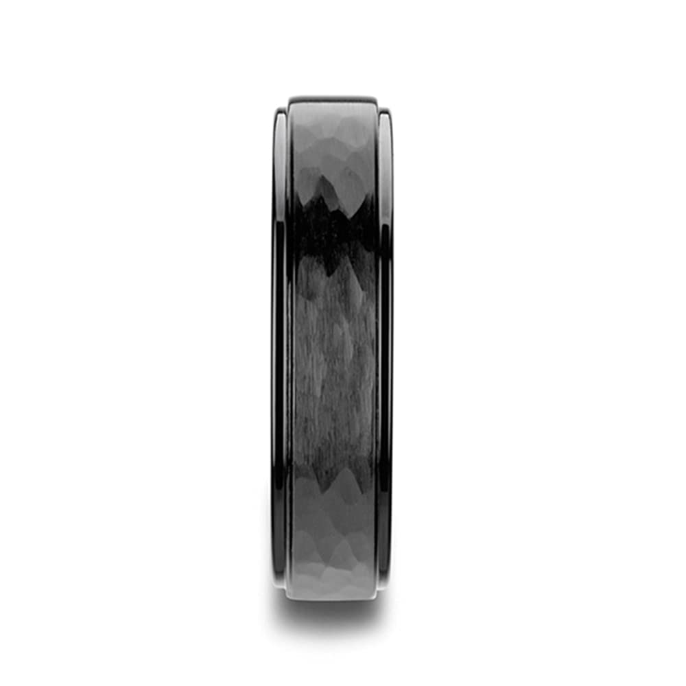 Men's Comfort Fit Black Ceramic Wedding Band - Hammer Finish Step Edge, Brushed Finish - 6mm & 8mm Width - Warrior Style - Perfect for Weddings, Anniversaries & Everyday Wear