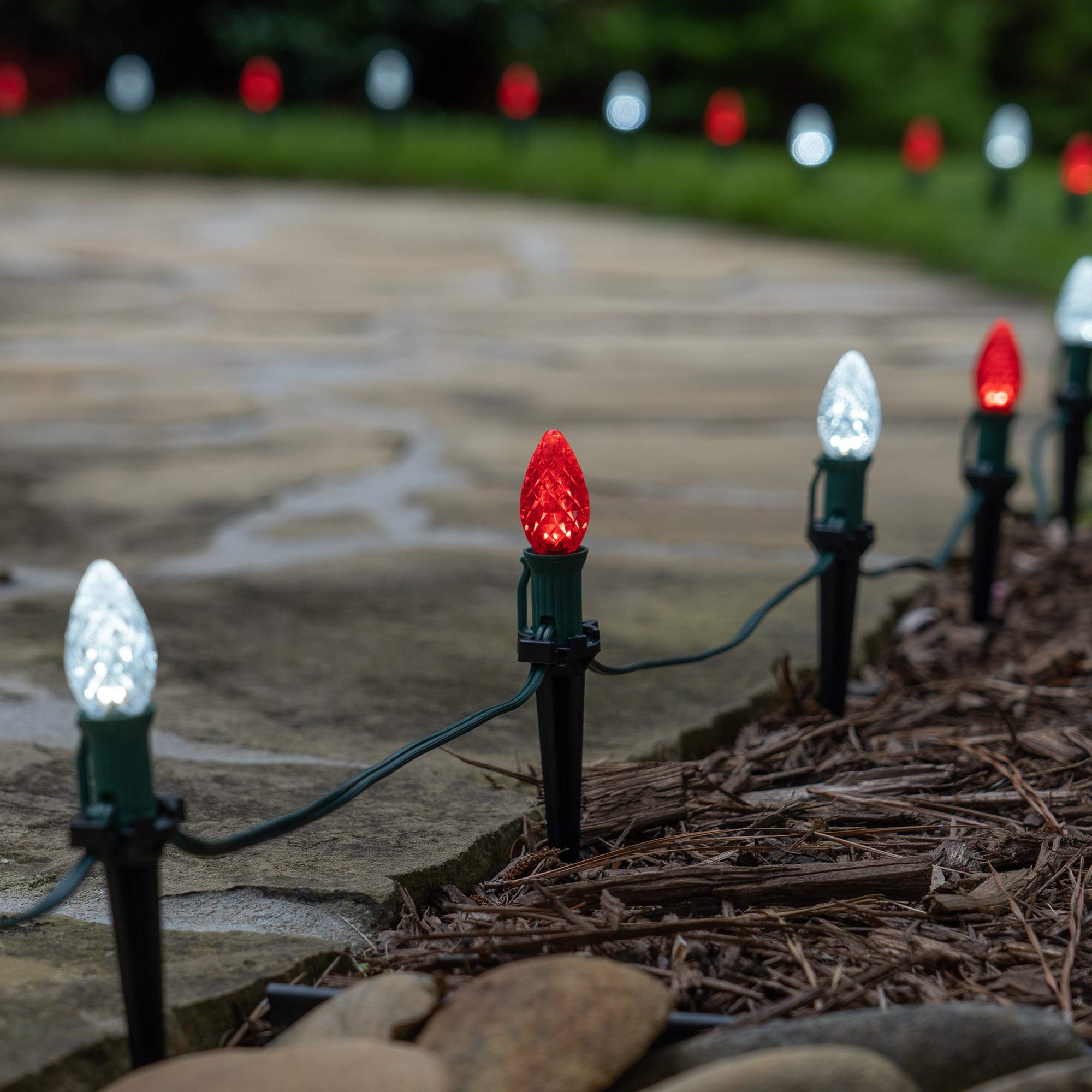 Wintergreen Lighting 50ft OptiCore LED C7 Red and White Christmas Pathway Lights - Outdoor Candy Cane String Lights with 4.5