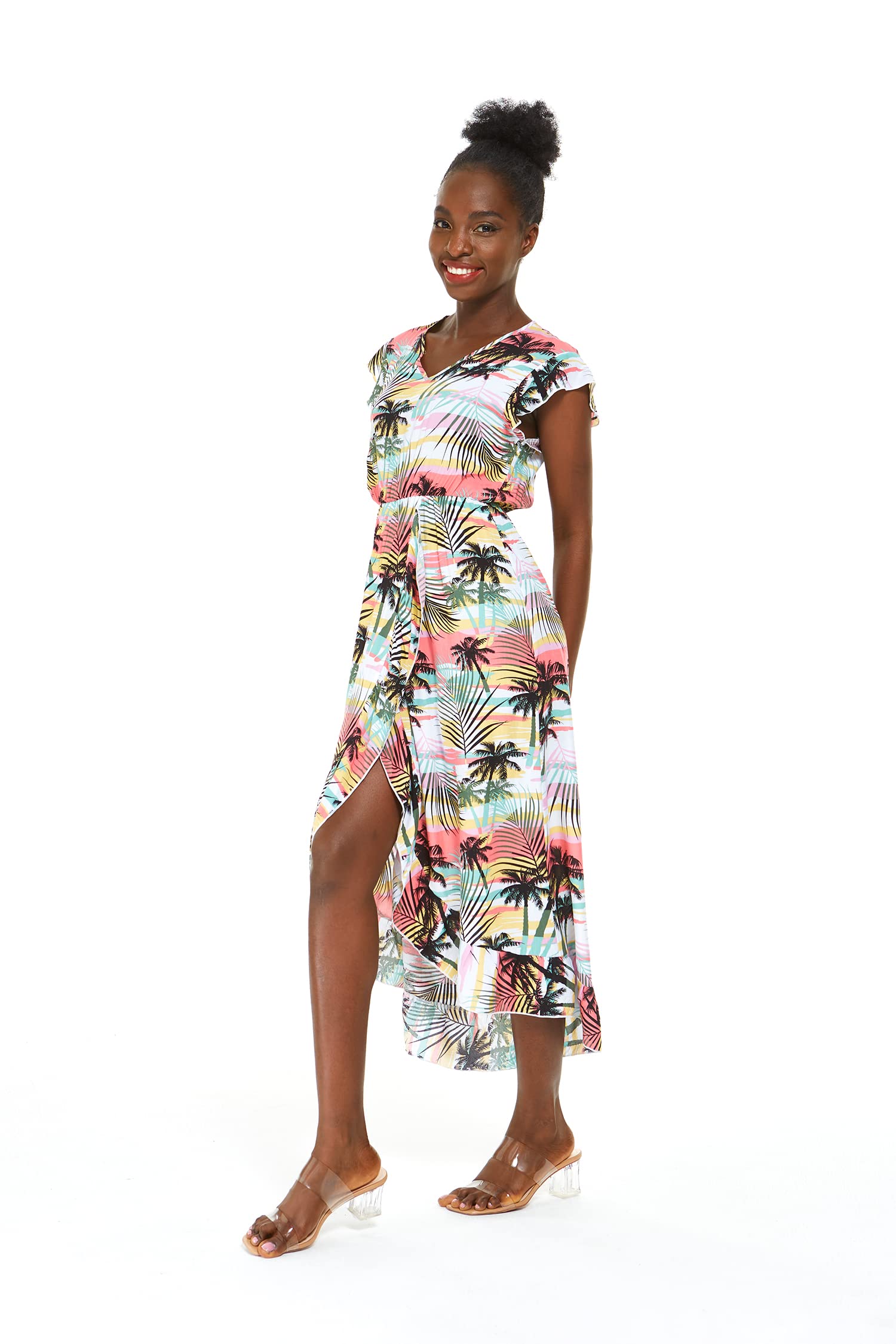 Hawaiian Luau Wrap Ruffle Dress for Women - Floral Hibiscus Vine Print - Perfect for Beach Vacation, Summer Party & Tropical Theme Events