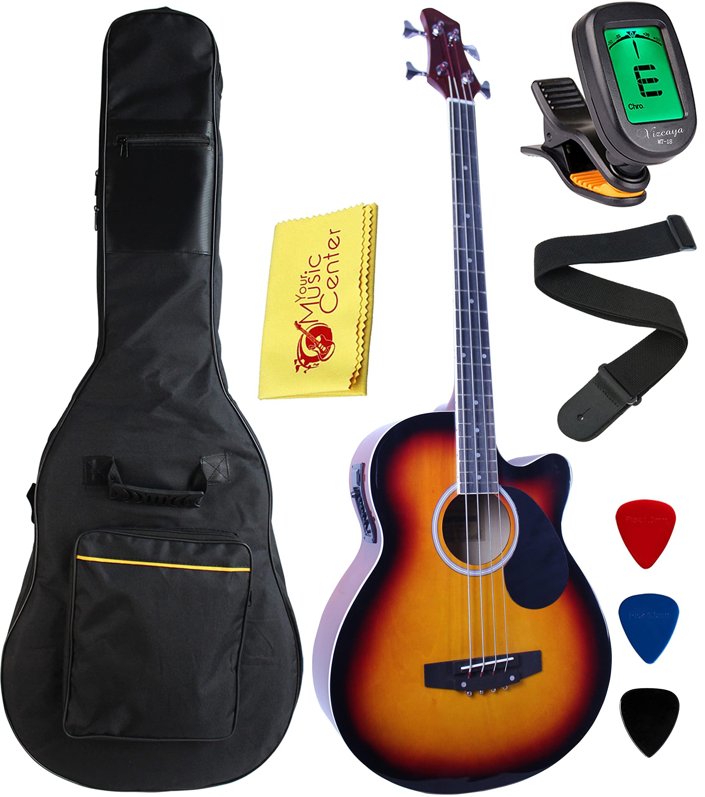 YMC 4-String Cutaway Acoustic-Electric Bass Guitar with 4-Band EQ, Adjustable Truss Rod, Gig Bag, Strap & Picks - Sunburst Finish | Perfect for Live Performances, Studio Recording & Practice Sessions